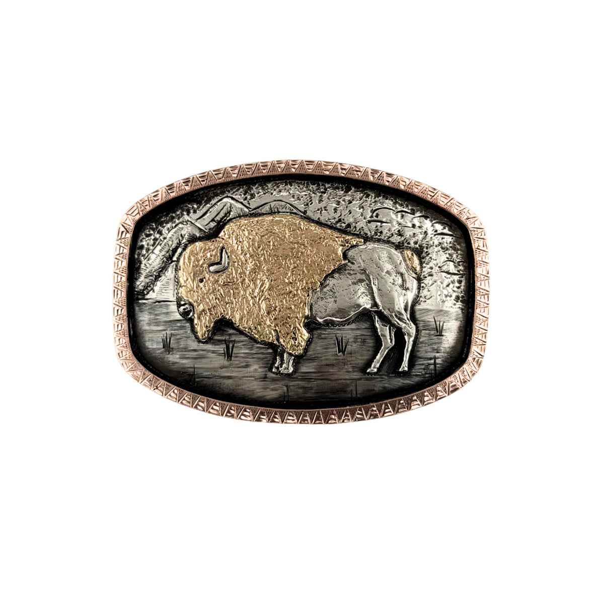 Bohlin 1884+ Buffalo sterling silver belt buckle featuring a yellow gold buffalo front, silver rear, hand-engraved mountain landscape, and rose gold border.