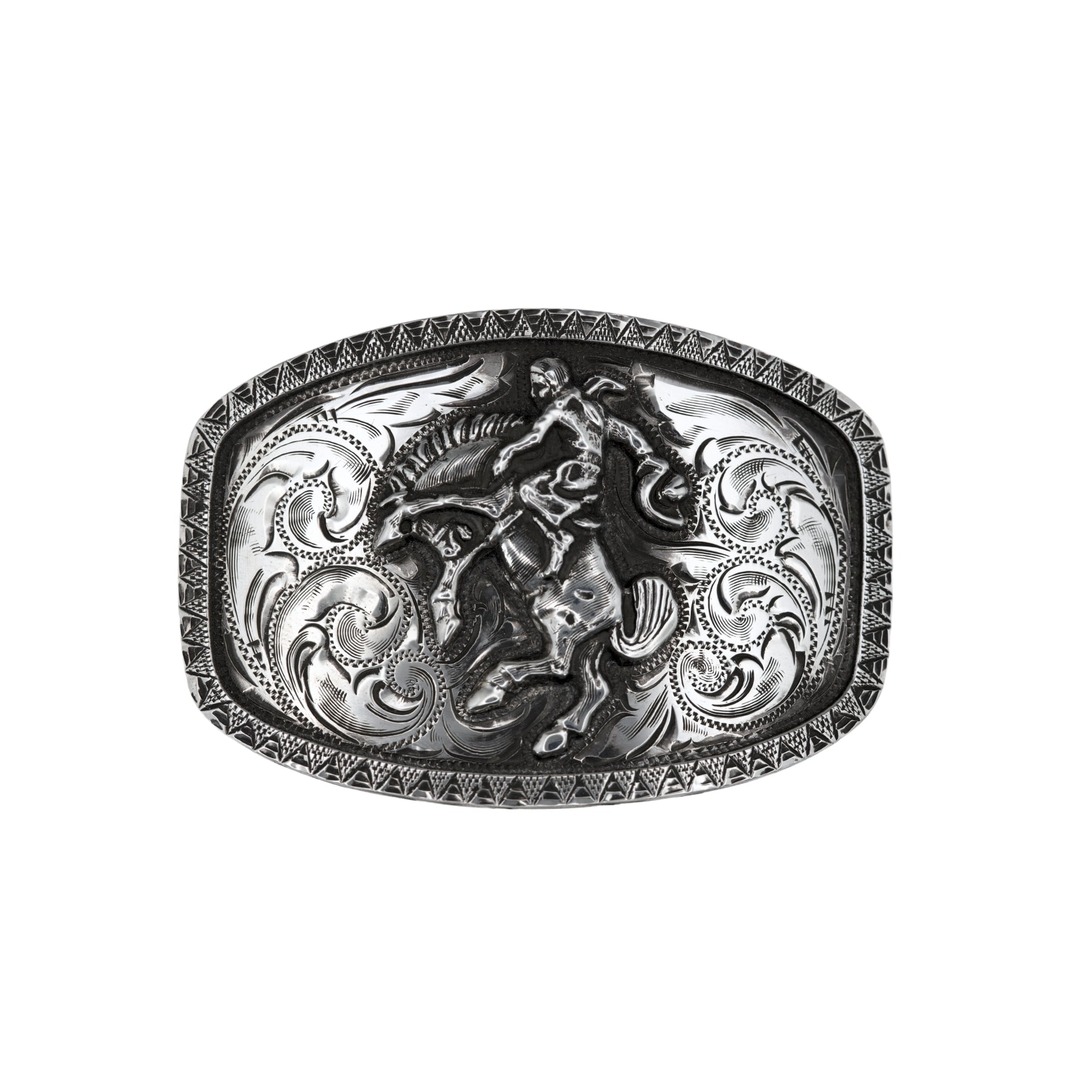 Oval Buckle with bucking horse in the center and raised border. All silver and handmade.