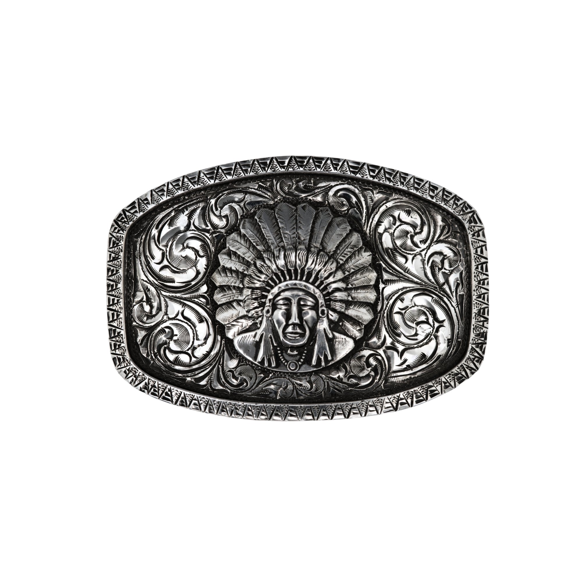 Oval Silver Bohlin buckle with chief red wolf indian chief in the center and a raised silver engraved border.