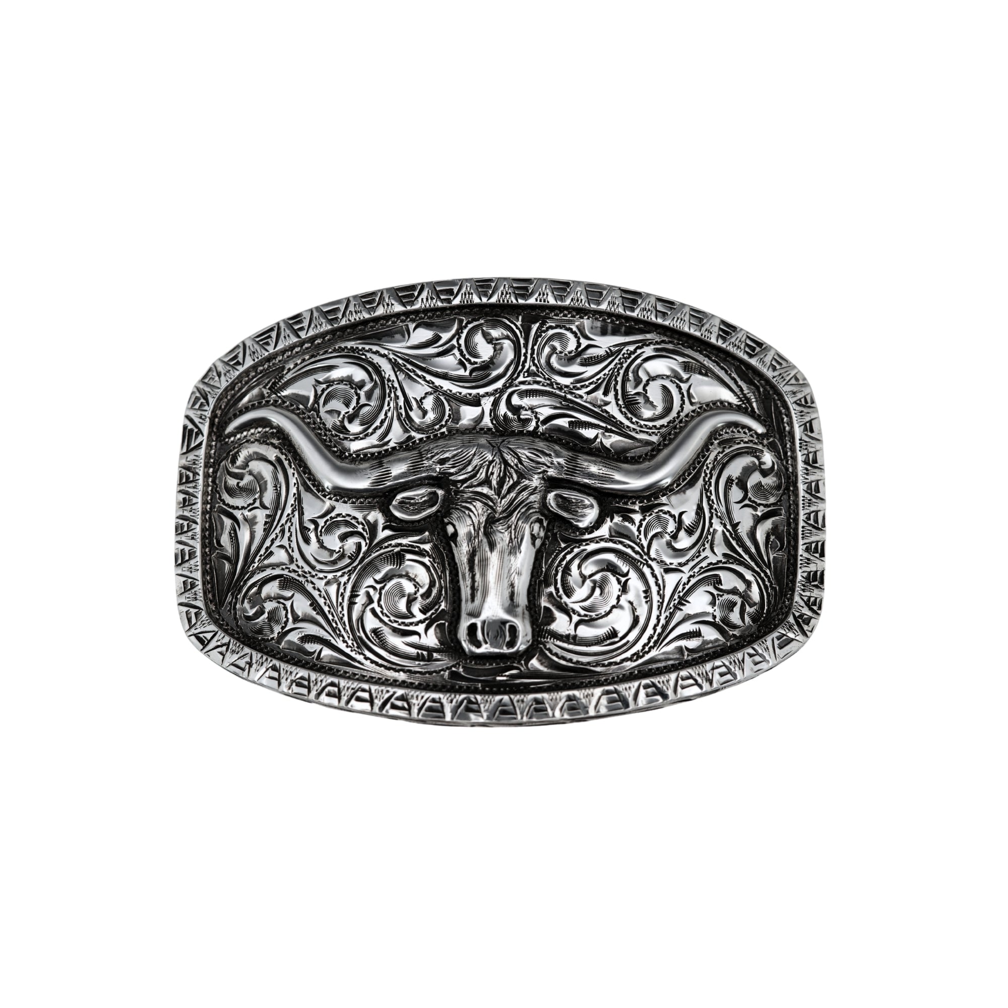 Oval Silver Bohlin belt buckle with raised border and longhorn.