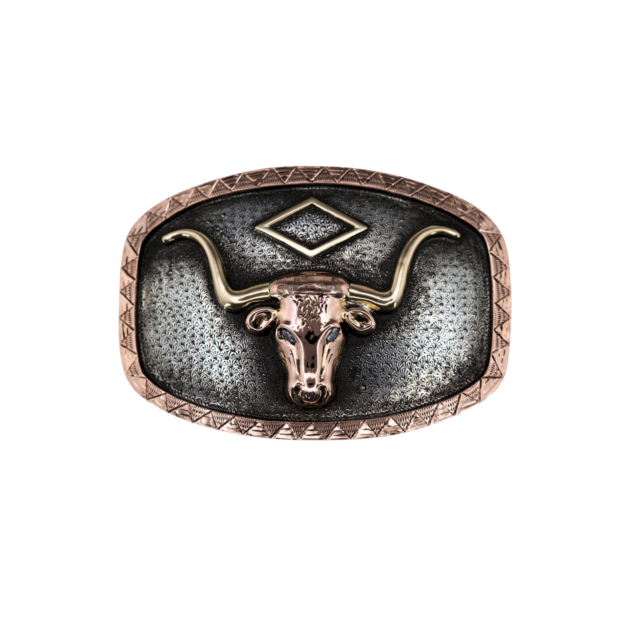 Oval Buckle with rose gold border 2 color gold longhorn with 14kt yellow gold diamond design. eyes are set with diamonds. Base of the buckle is sterling silver with chicken foot design.