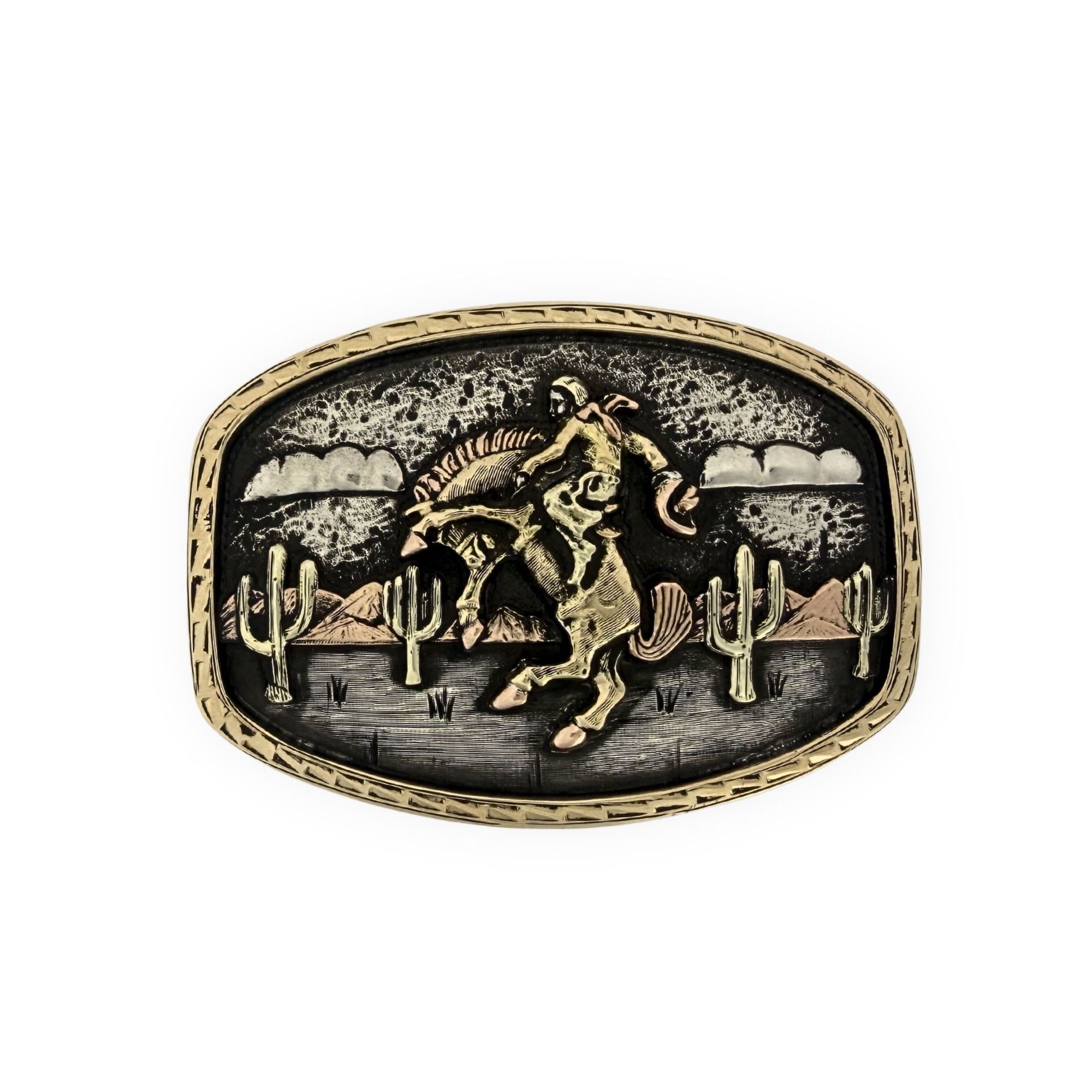 Belt buckle with a cowboy riding a horse design on a white background