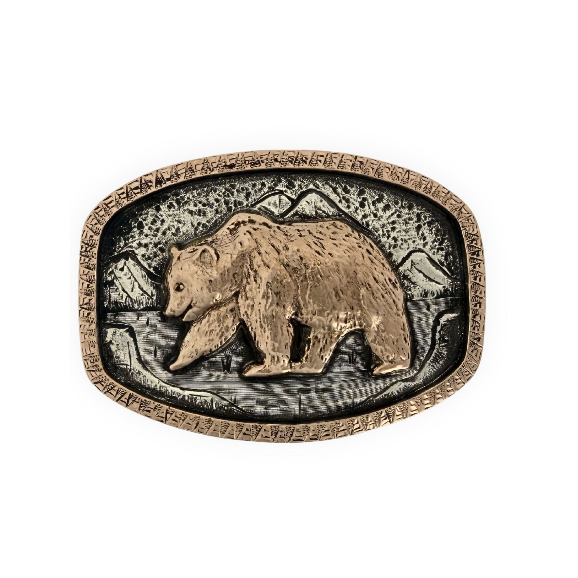 Belt buckle with bear design on a white background