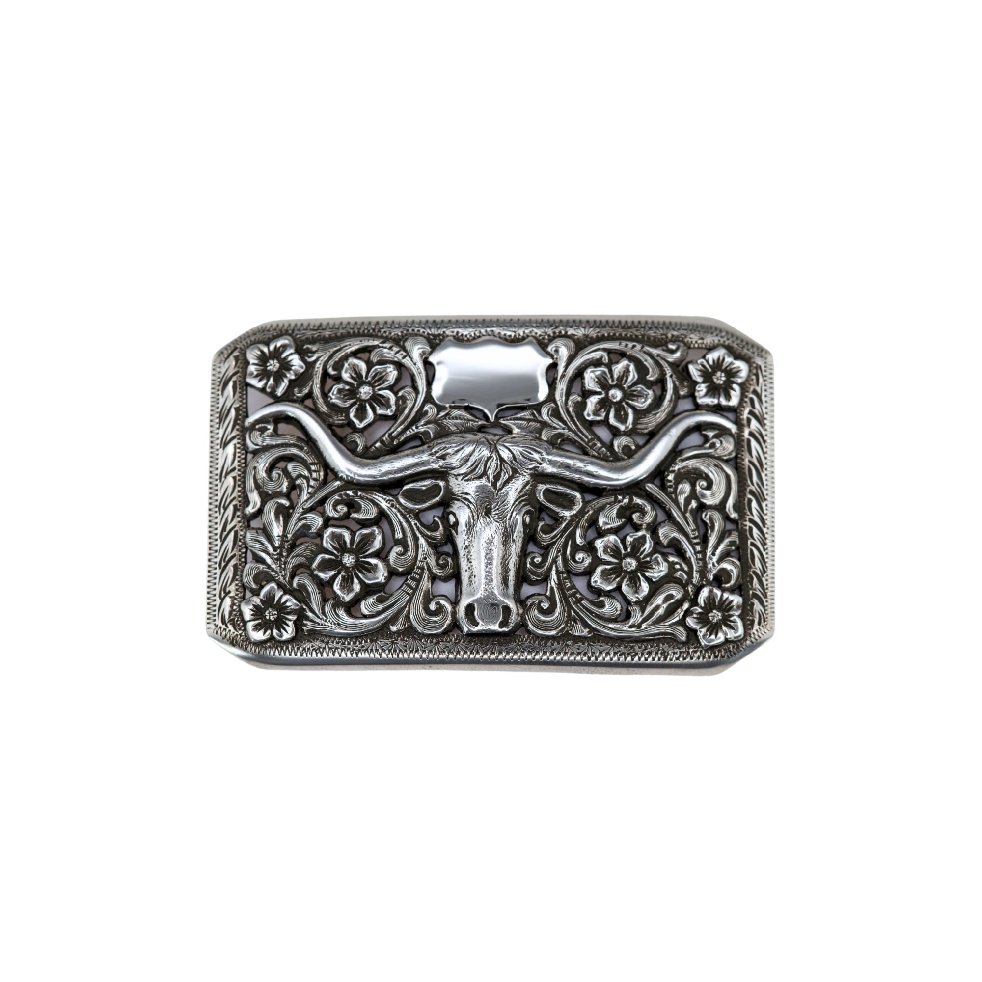 A rectangular silver-toned buckle featuring an embossed longhorn steer head surrounded by floral scrollwork and decorative border details, shown on a plain white background.