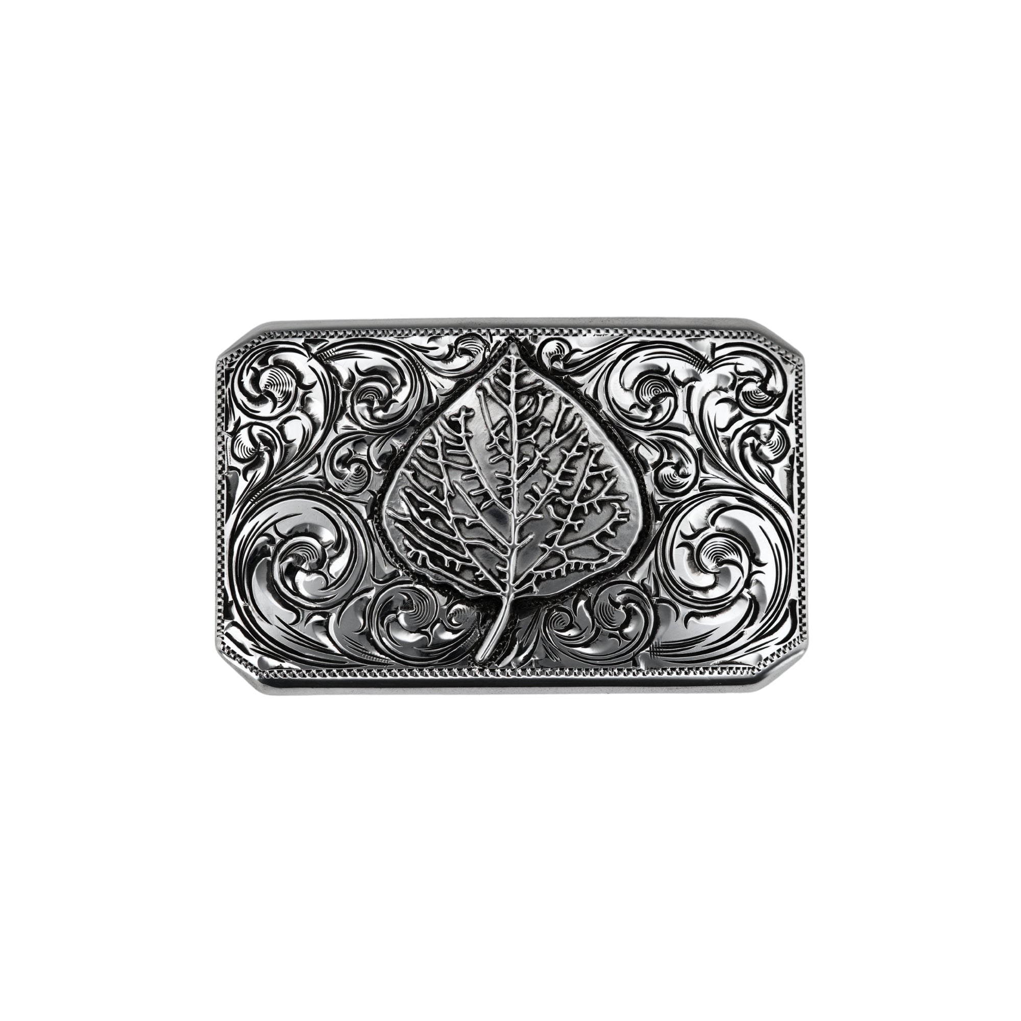 Rectangular Buckle with Silver Overlaid Aspen leaf