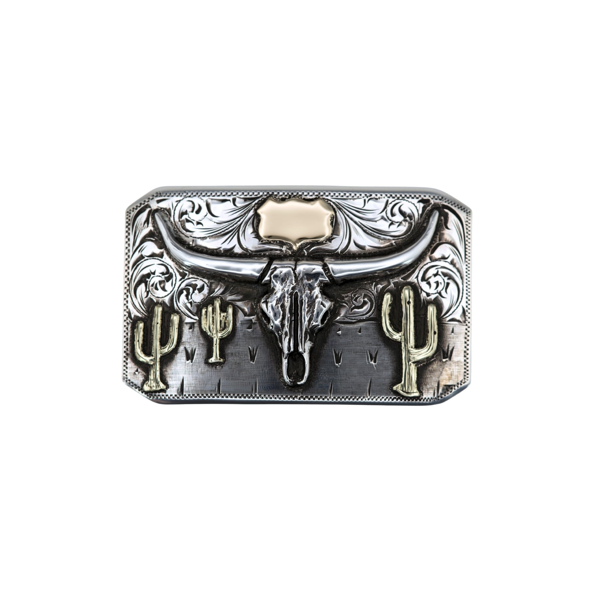 rectangular buckle with gold shield at the top, silver longhorn skull, and green gold cacti.