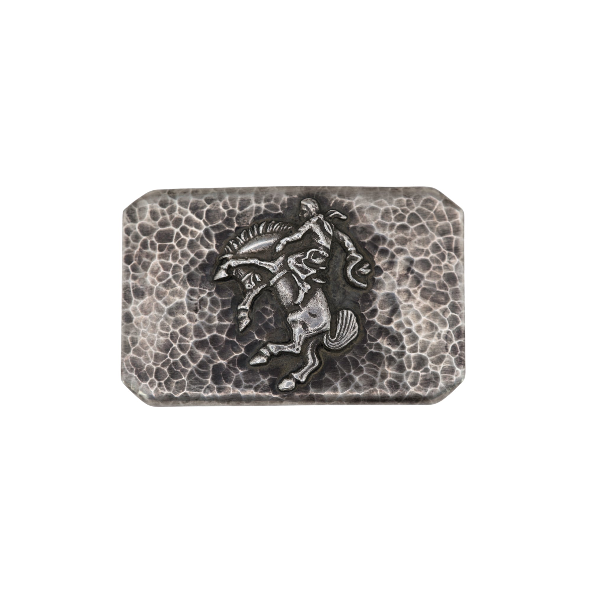 Hammered rectangular belt buckle with a silver overlaid bucking horse