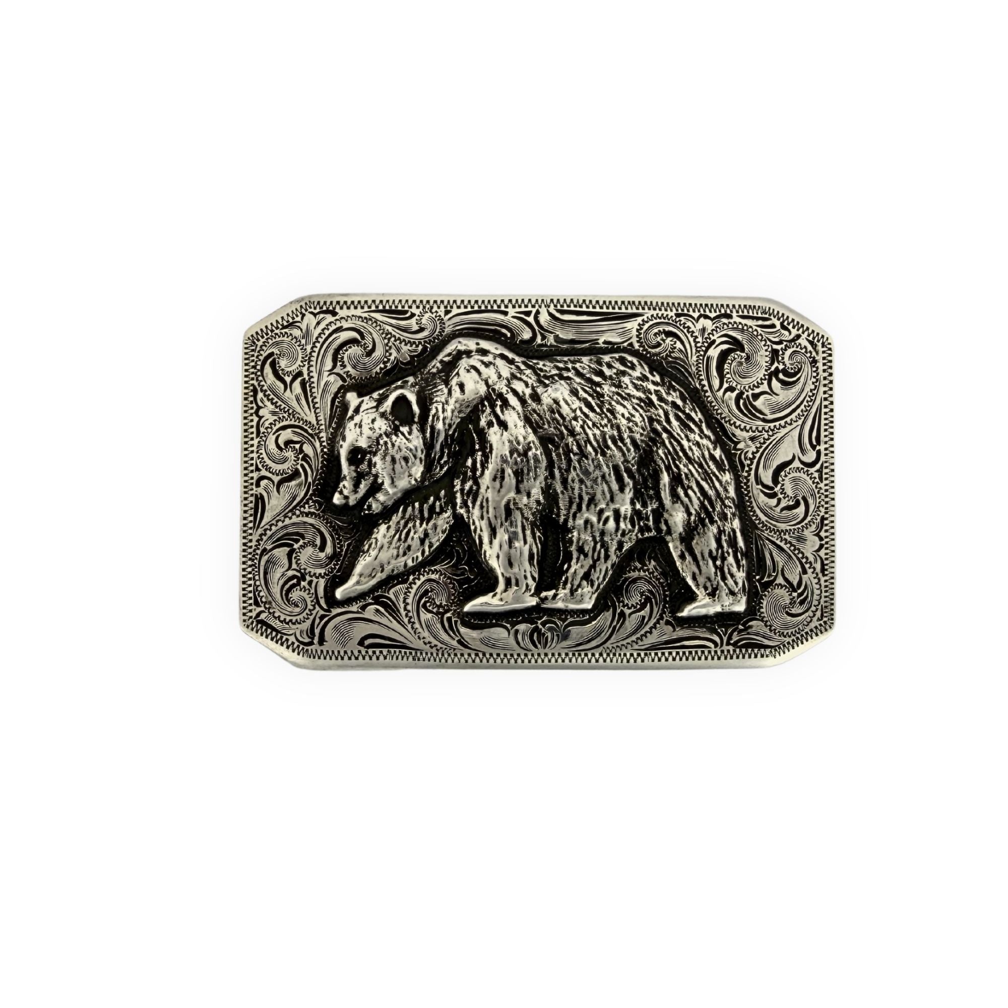 Belt buckle with bear design on a white background