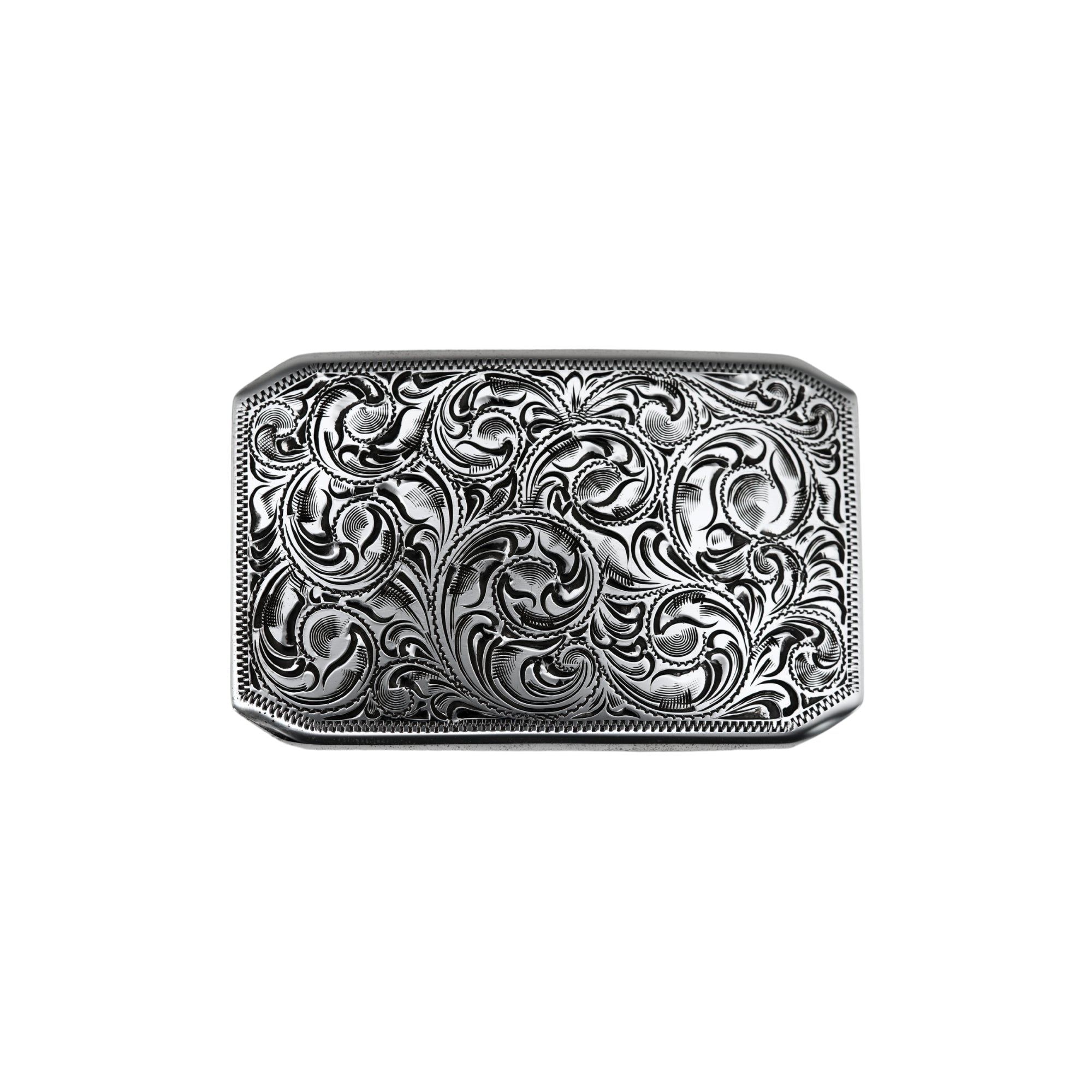 Silver Bohlin rectangular buckle with engraved scrolls