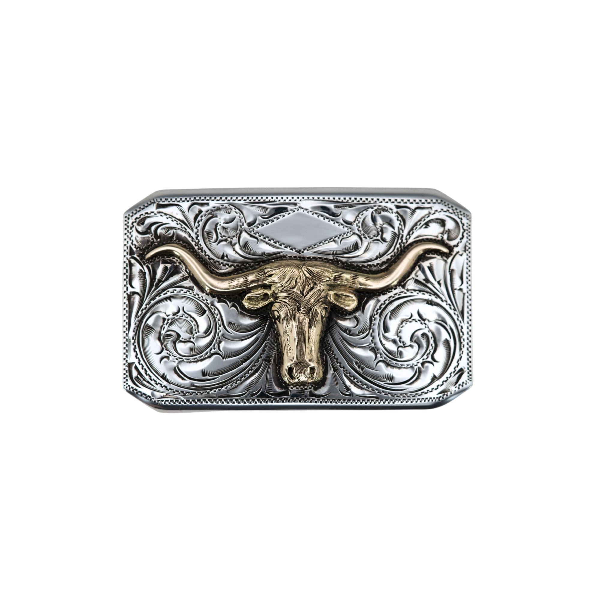 Yellow Gold longhorn on rectangular silver buckle