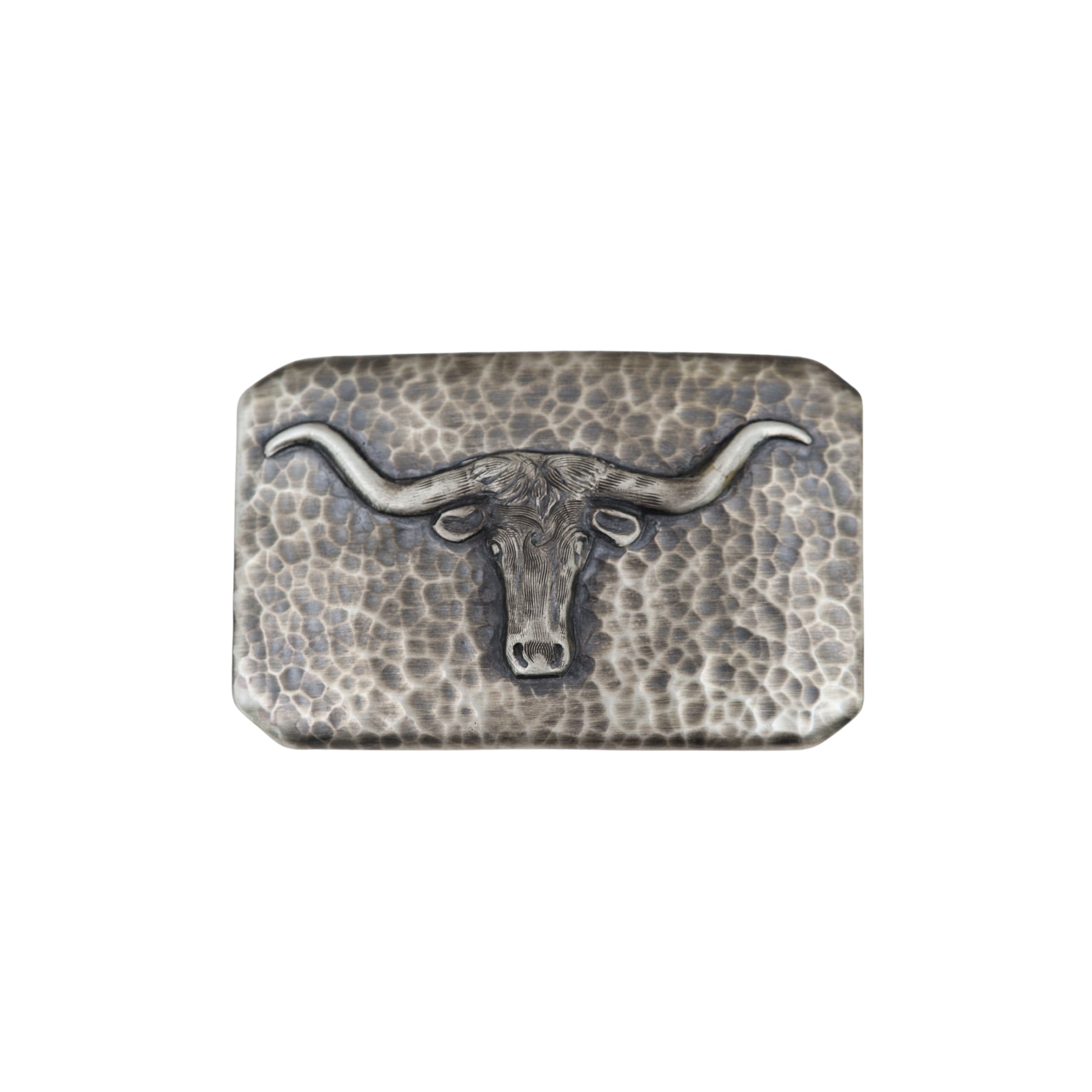 rectangular longhorn buckle with hammered texture background, buckle is all sterling silver.