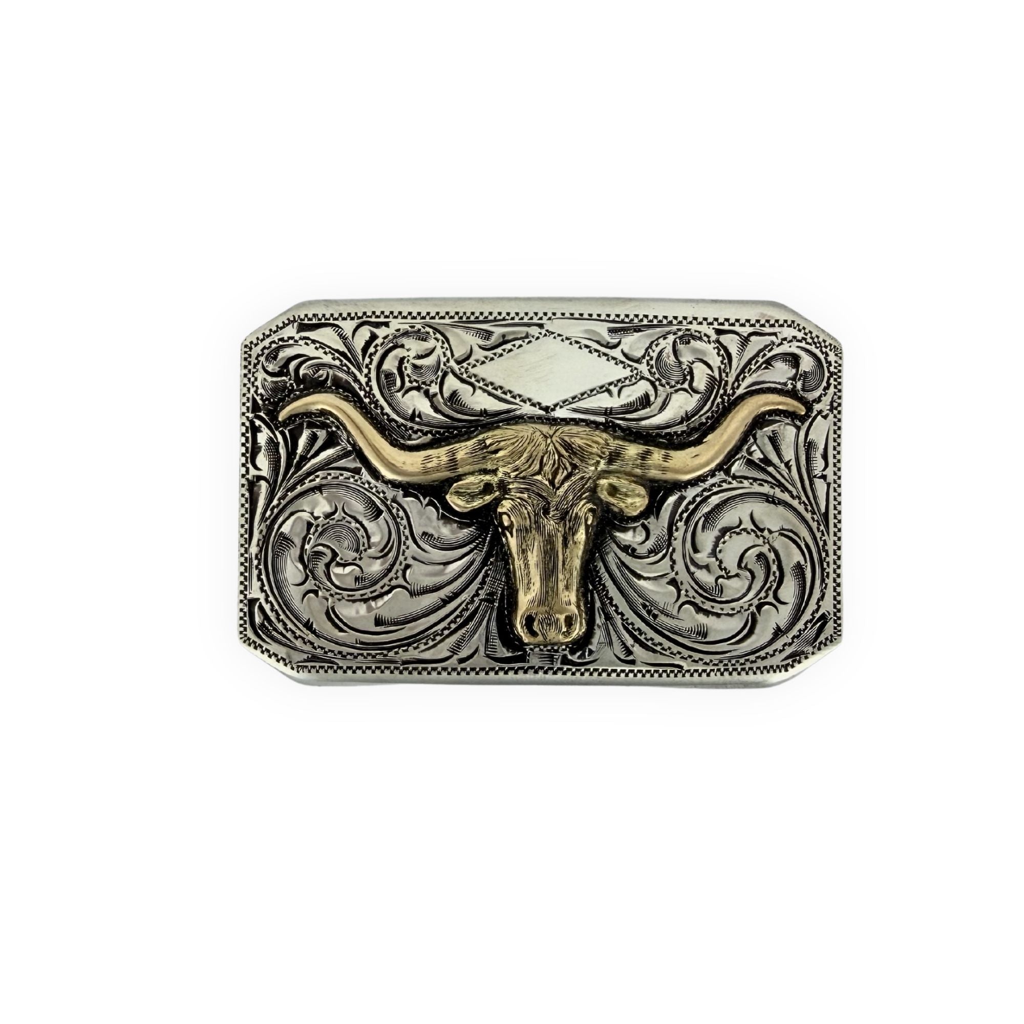 Belt buckle with longhorn design on a white background