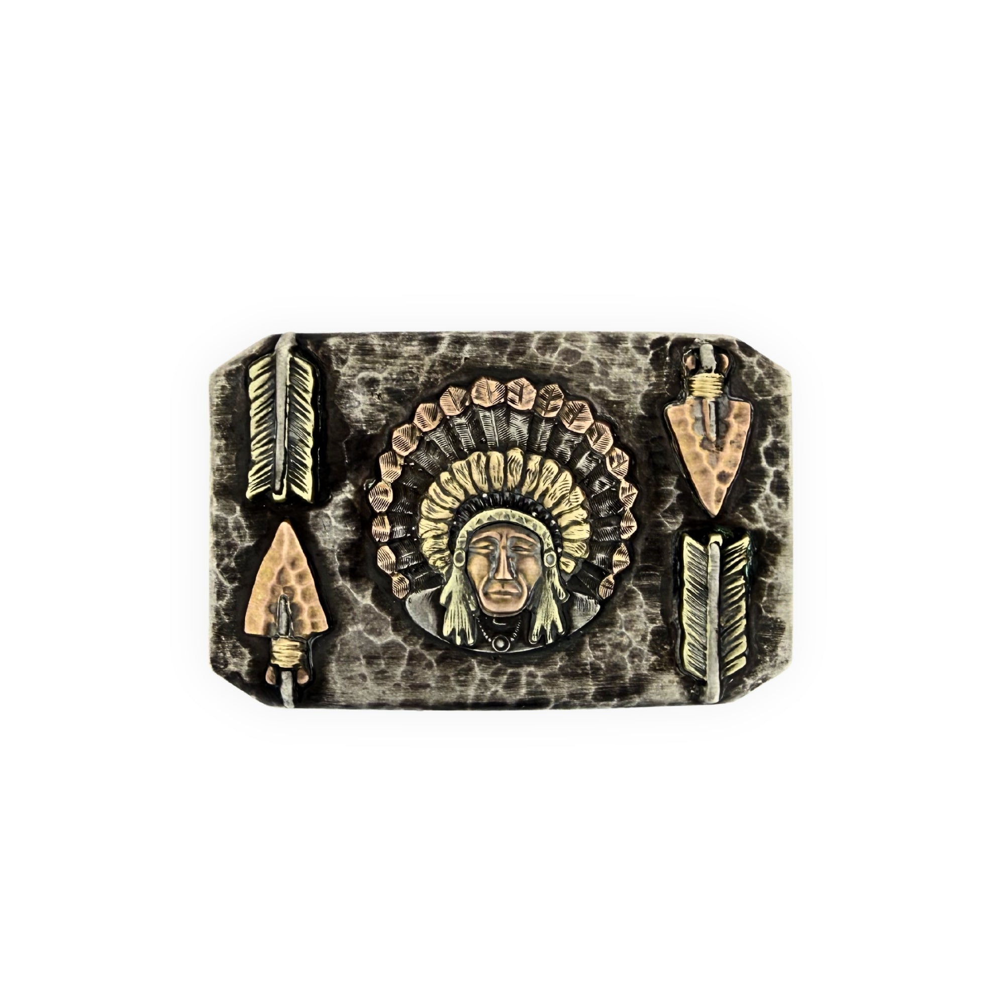 3 color gold Chief Red Wolf on hammered rectangular silver buckle