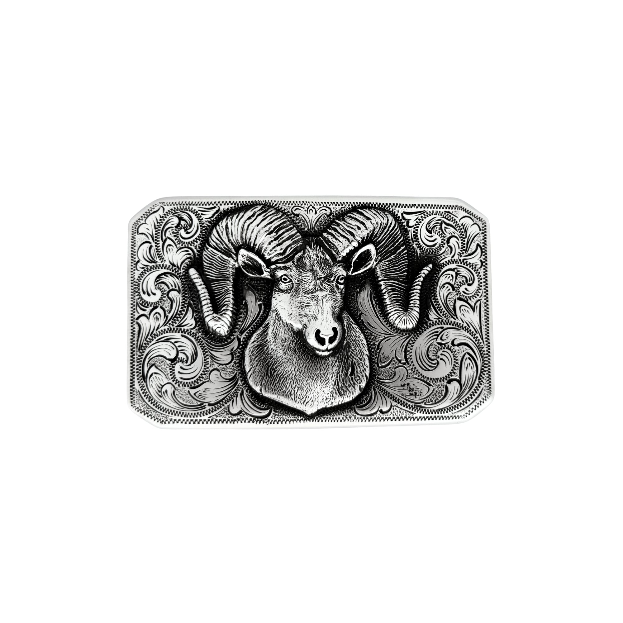 rectangular sterling silver Bohlin belt buckle with overlaid ram and engraved background