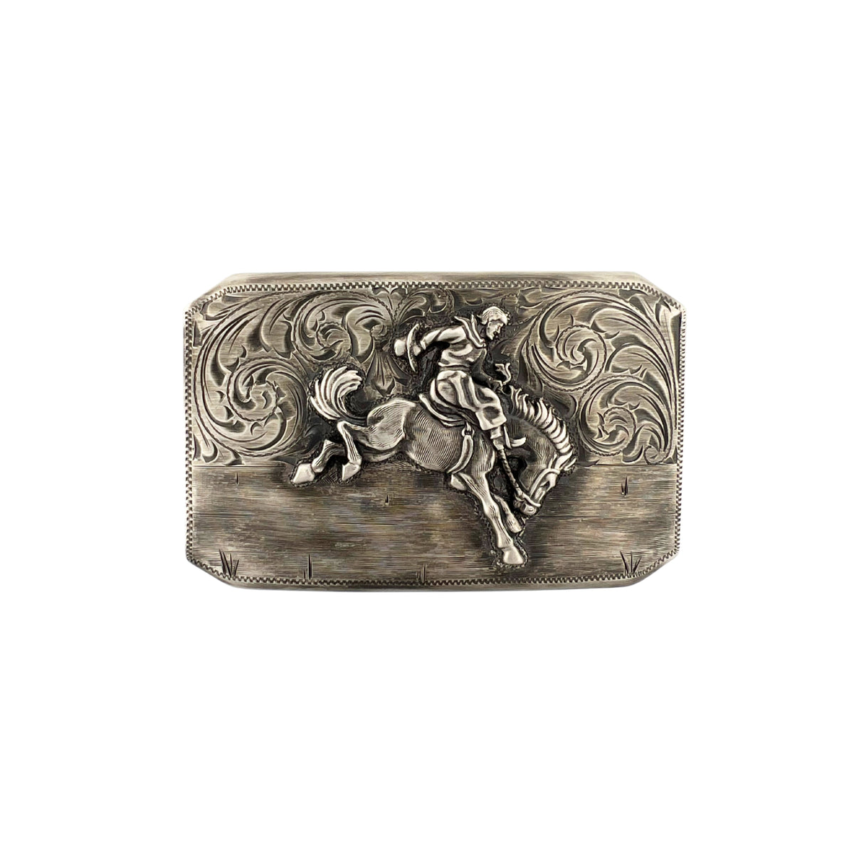 Bohlin 466 Bucking Down sterling silver belt buckle featuring a raised bucking horse and rider, hand-engraved scrollwork, and patina finish.