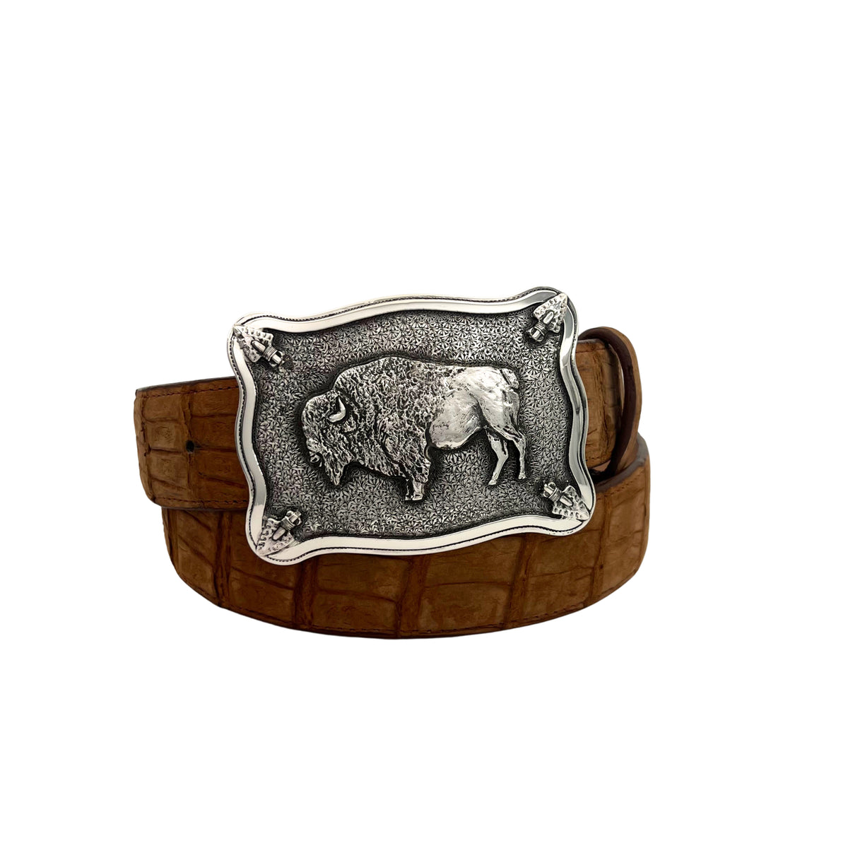 Bohlin 4 Point Buffalo sterling silver buckle displayed on a Western leather belt, featuring a raised buffalo and four silver arrowhead accents.