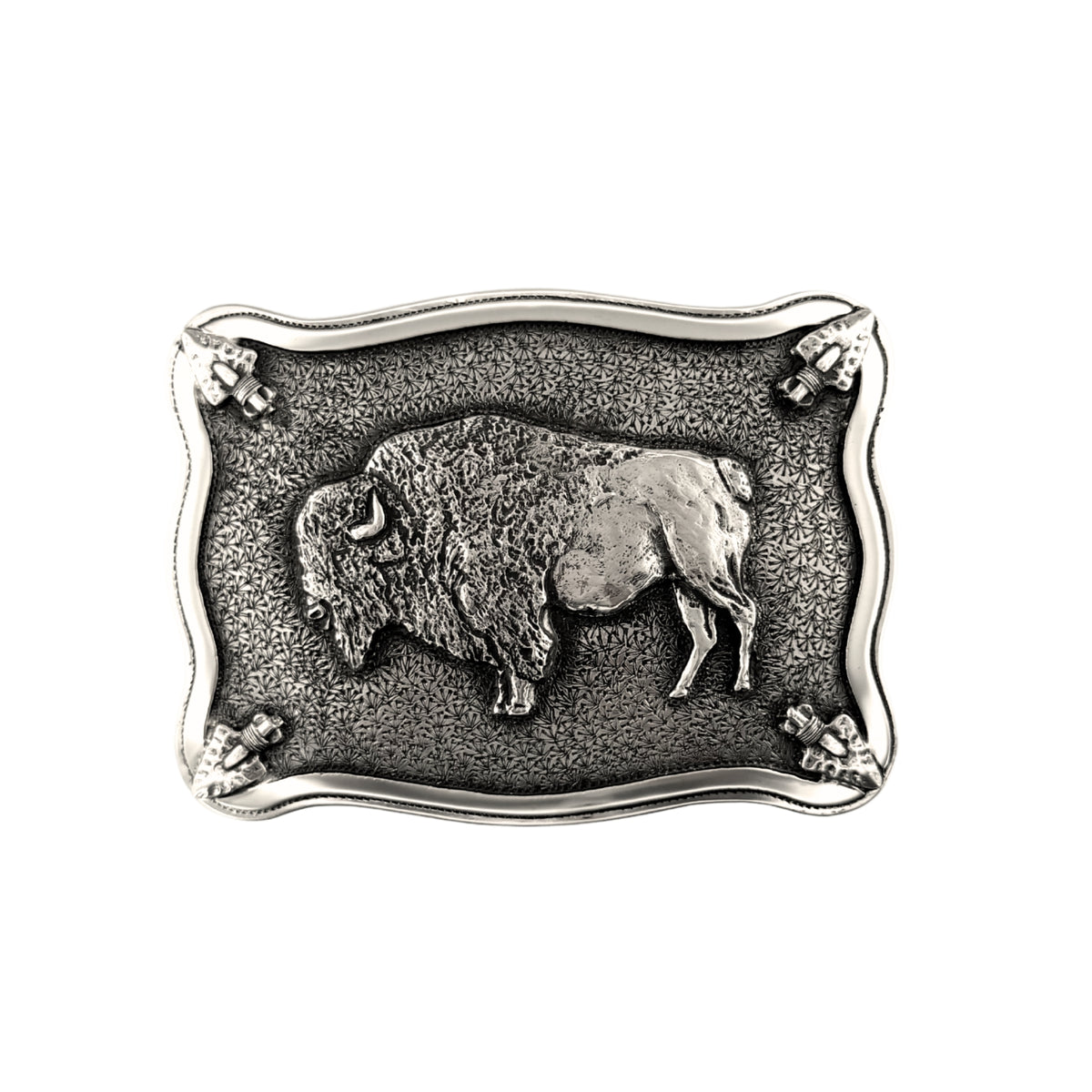 Bohlin 4 Point Buffalo sterling silver belt buckle featuring a raised buffalo, four arrowhead accents, flowing silver border, and hand-engraved dark patina background.