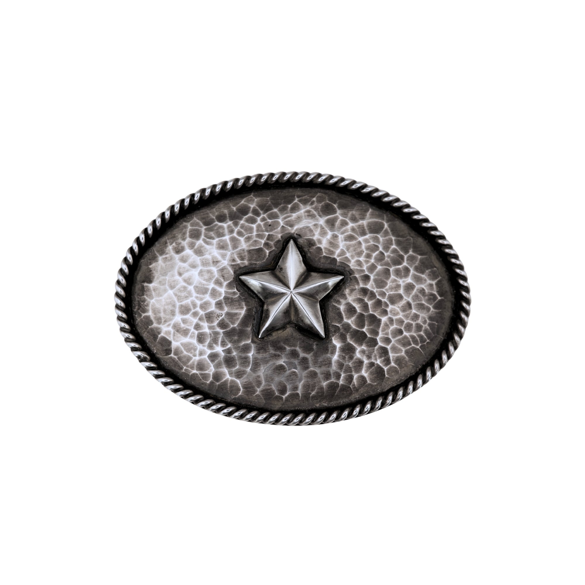 Oval Bohlin belt buckle with hand twisted rope edge and hammered background . The center of the belt buckle features a 5 pointed star