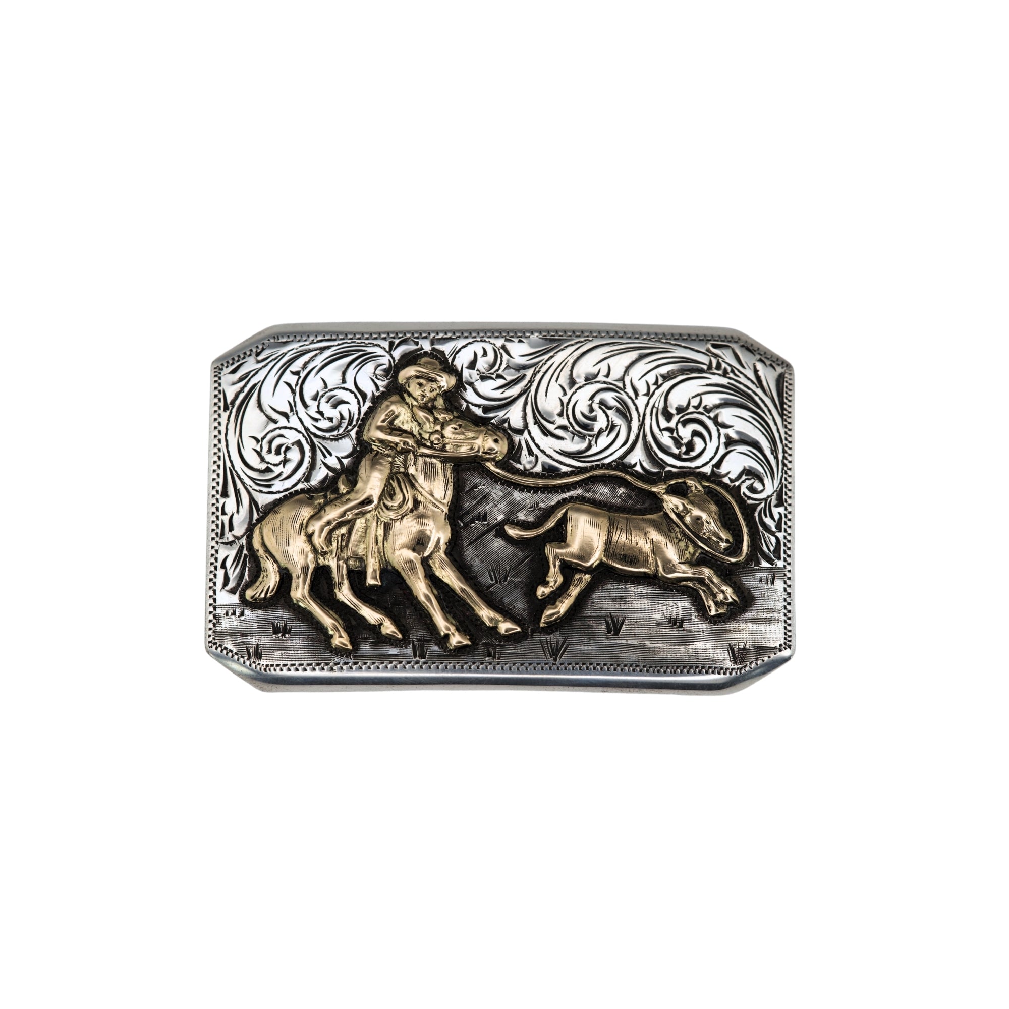 14kt Gold Calf Roper overlaid on engraved rectangular buckle