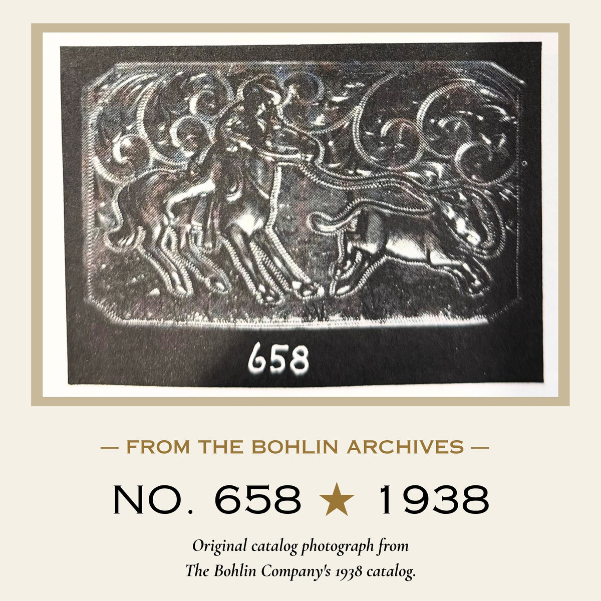 old picture of a Bohlin rectangular buckle with a calf roper and calf in all silver with hand engraving below that are the words from the Bohlin archives