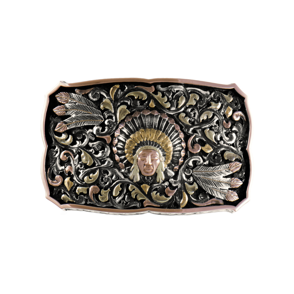 Bohlin 766 Chief Red Wolf sterling silver buckle with three-color gold portrait, hand-cut scroll and feather overlays, and 14k rose gold border.