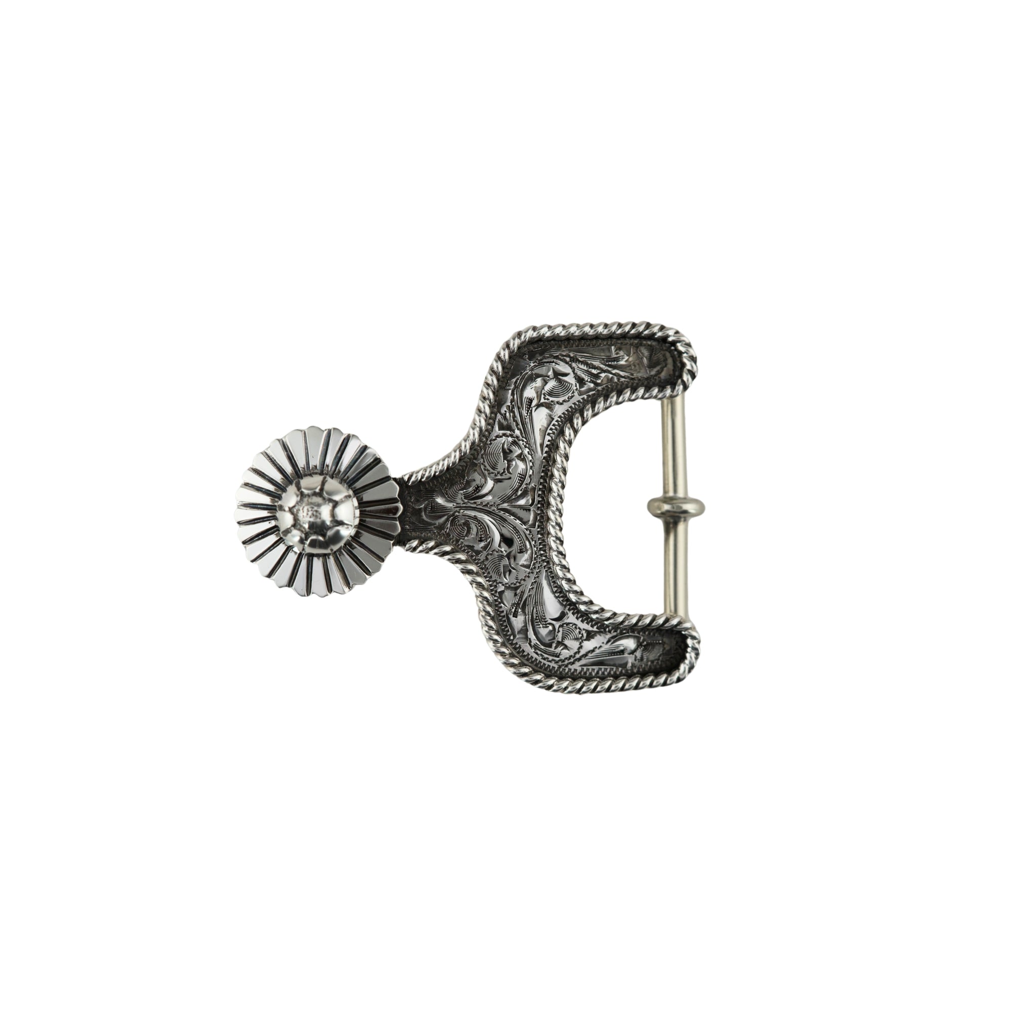 An ornate silver-toned western-style buckle with engraved scrollwork, a twisted rope border, and a functional spinning rowel with spur spot