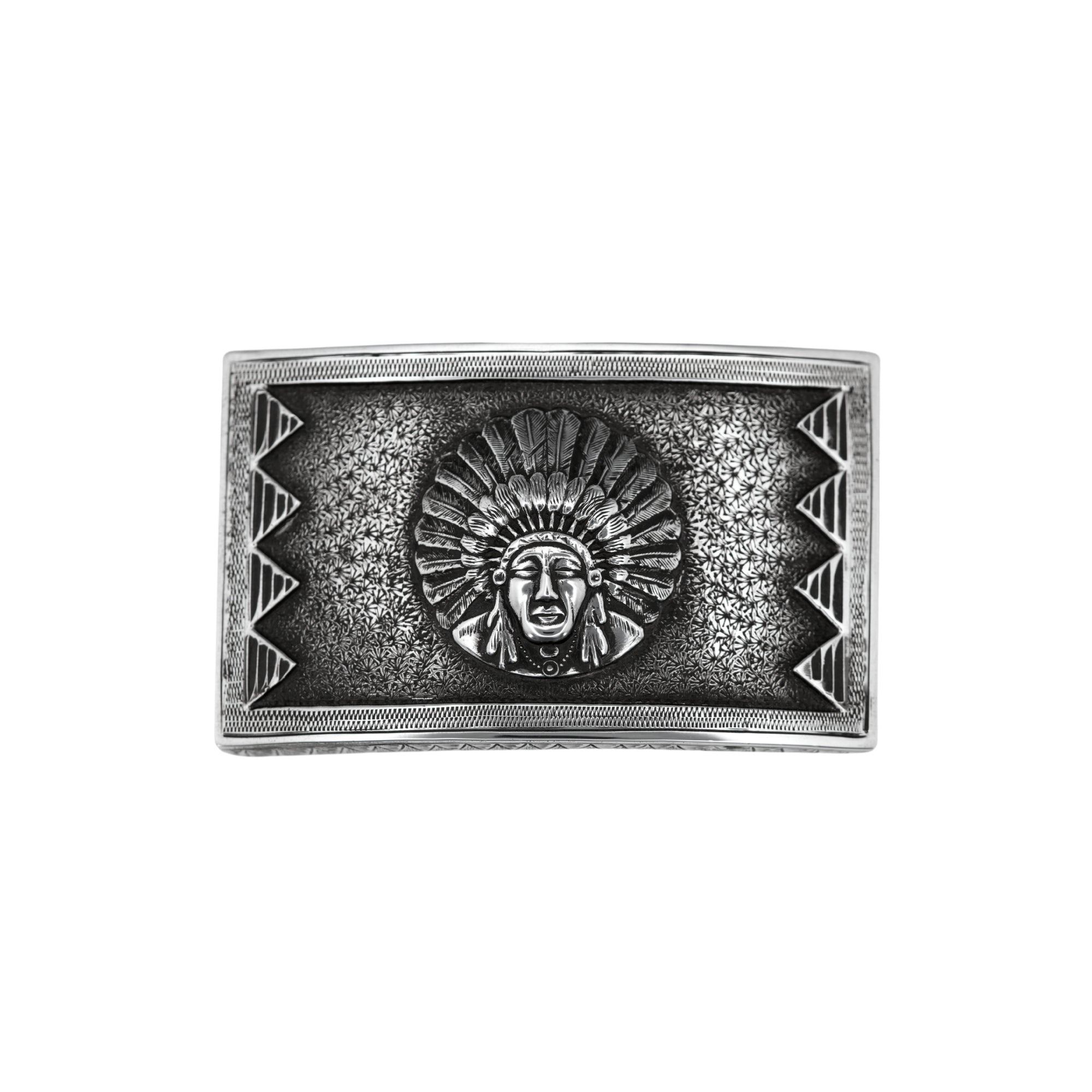 A rectangular silver belt buckle featuring an embossed profile of a Native American face with a feathered headdress, flanked by geometric triangle patterns on the sides, set against a plain white background.