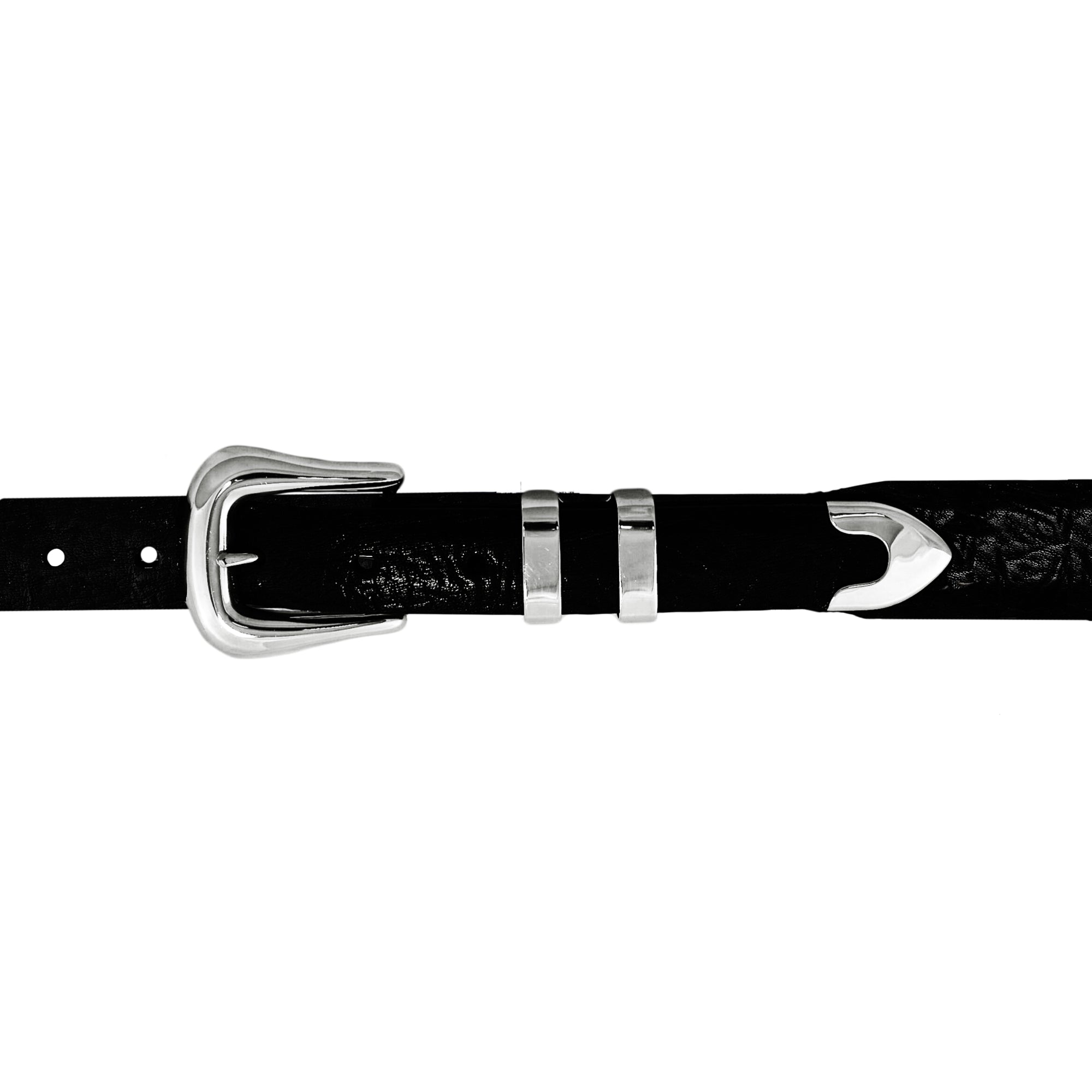 A close-up of a black textured leather belt with polished silver-tone metal hardware, including a buckle, keeper loops, and tip, shown against a plain white background.