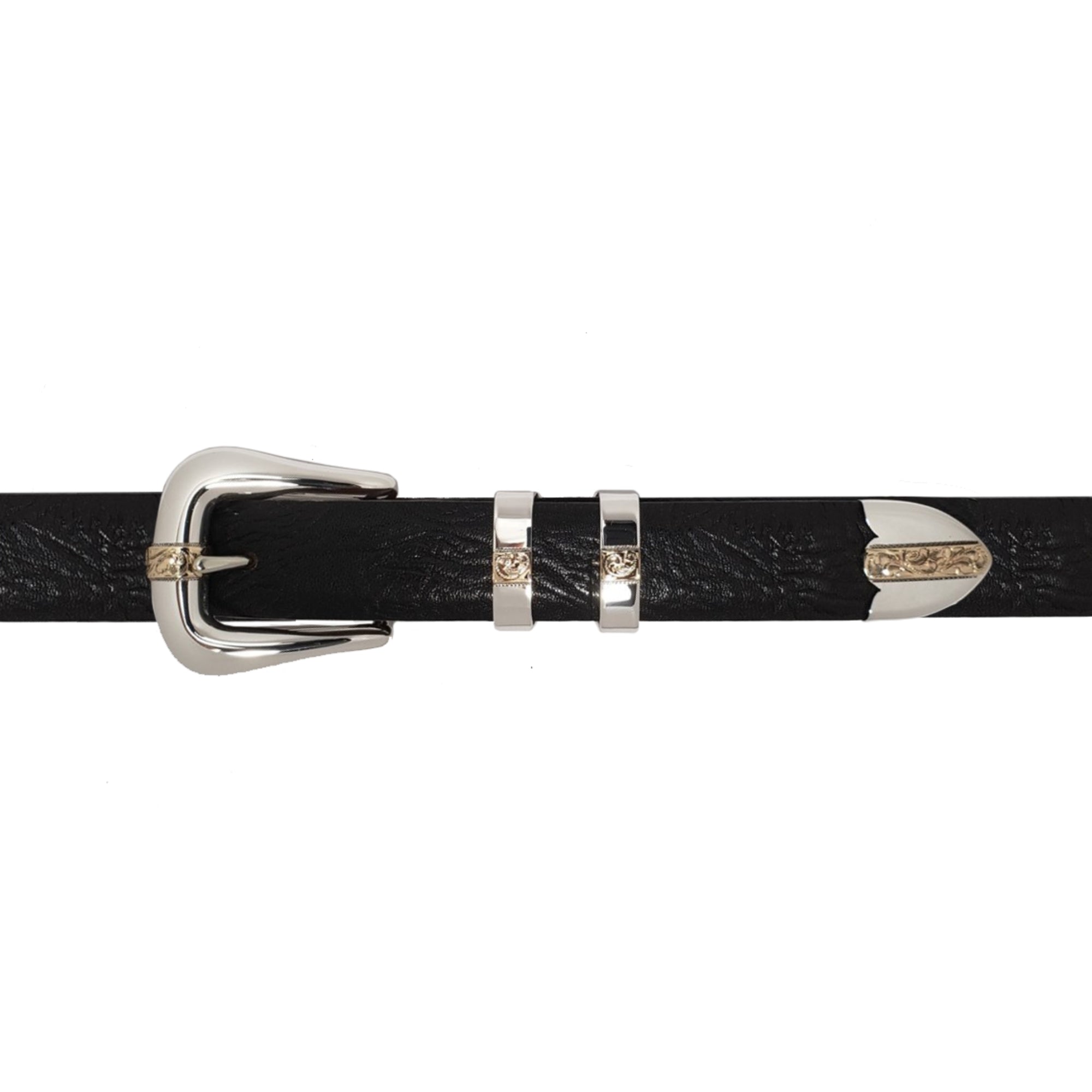 A close-up of a black textured leather belt with a high-polished sterling silver buckle with a single 14kt Yellow Gold stripe accented by traditional rodeo engraving.