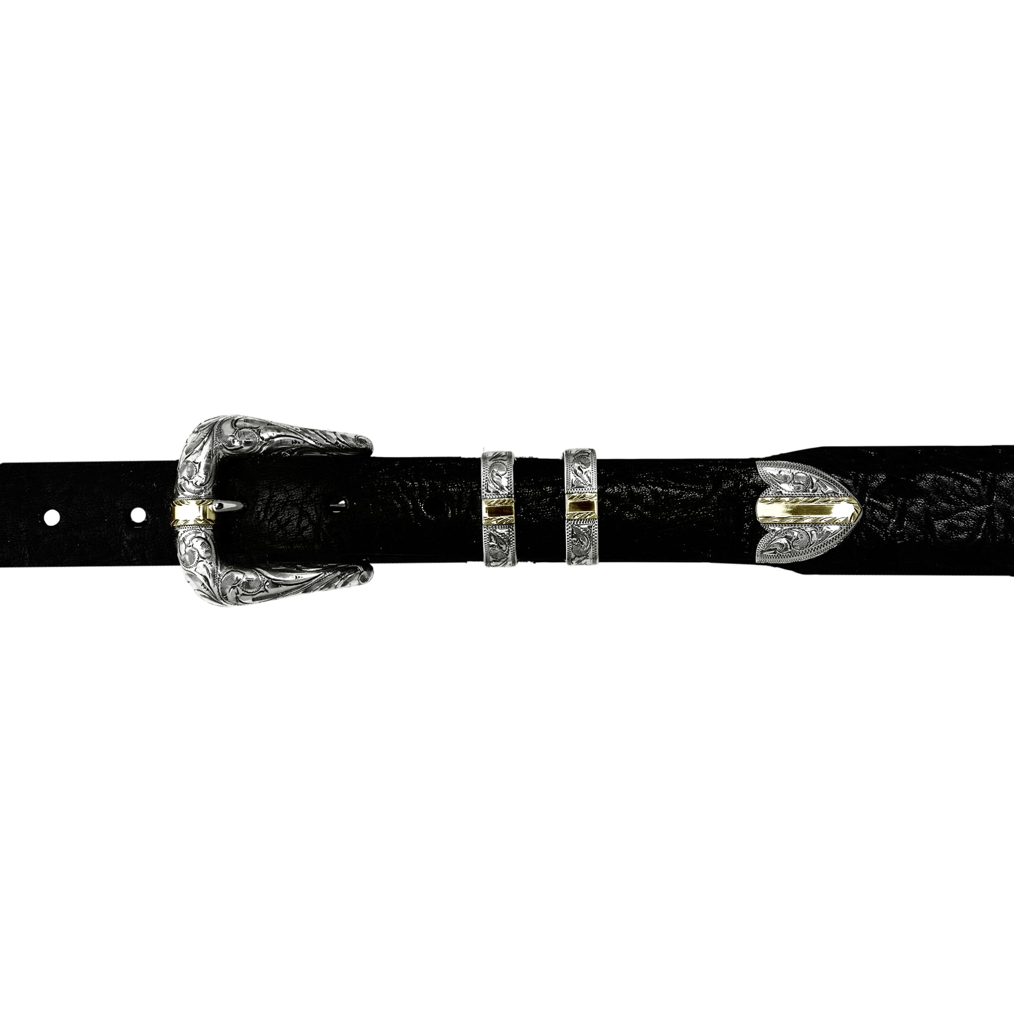 A black textured leather belt featuring a hand-engraved sterling silver buckle accented by a single 14kt Yellow Gold stripe with a hand-engraved lightning edge.