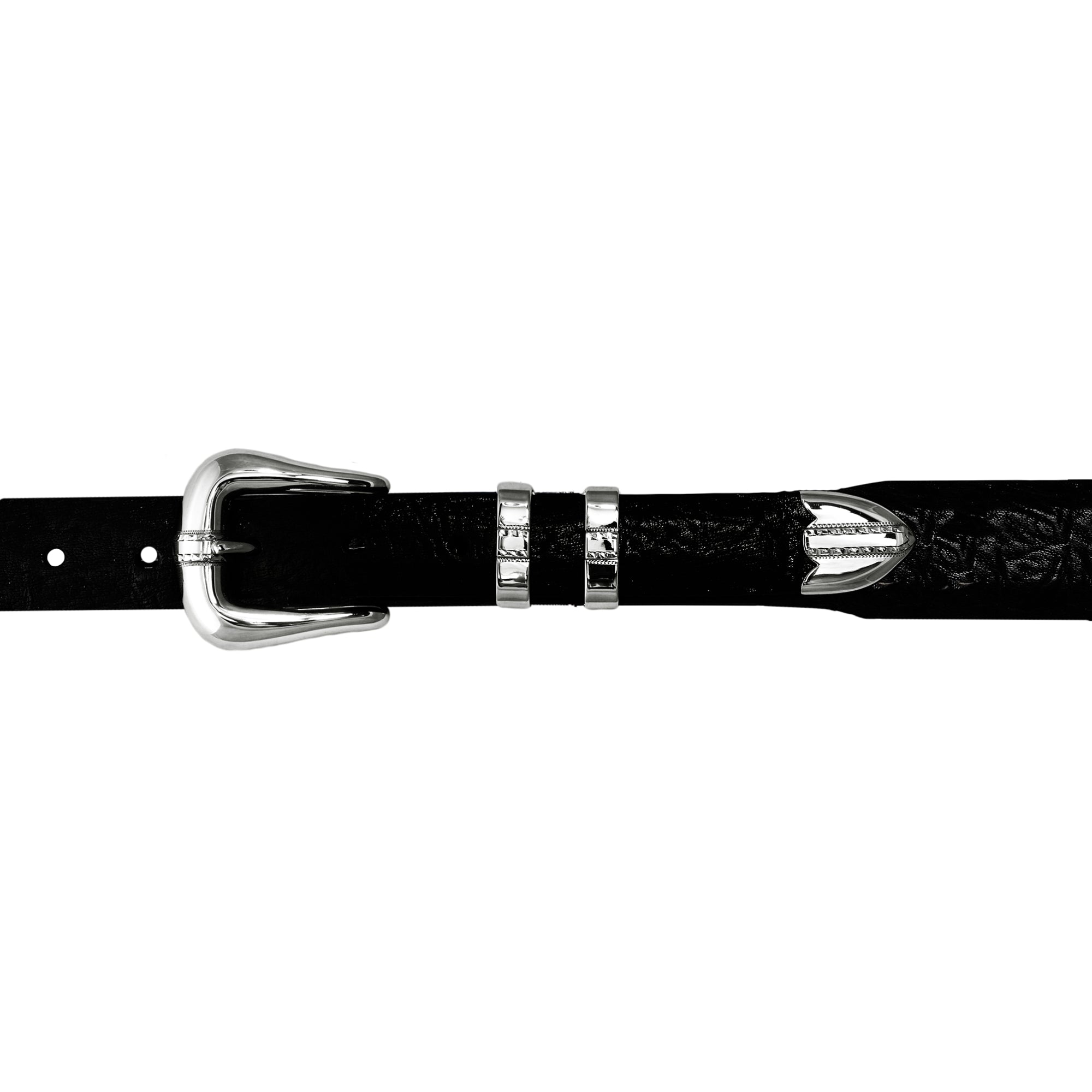 a high-polished sterling silver buckle accented by a single overlaid sterling silver stripe with a hand-engraved lightning edge on black belt.