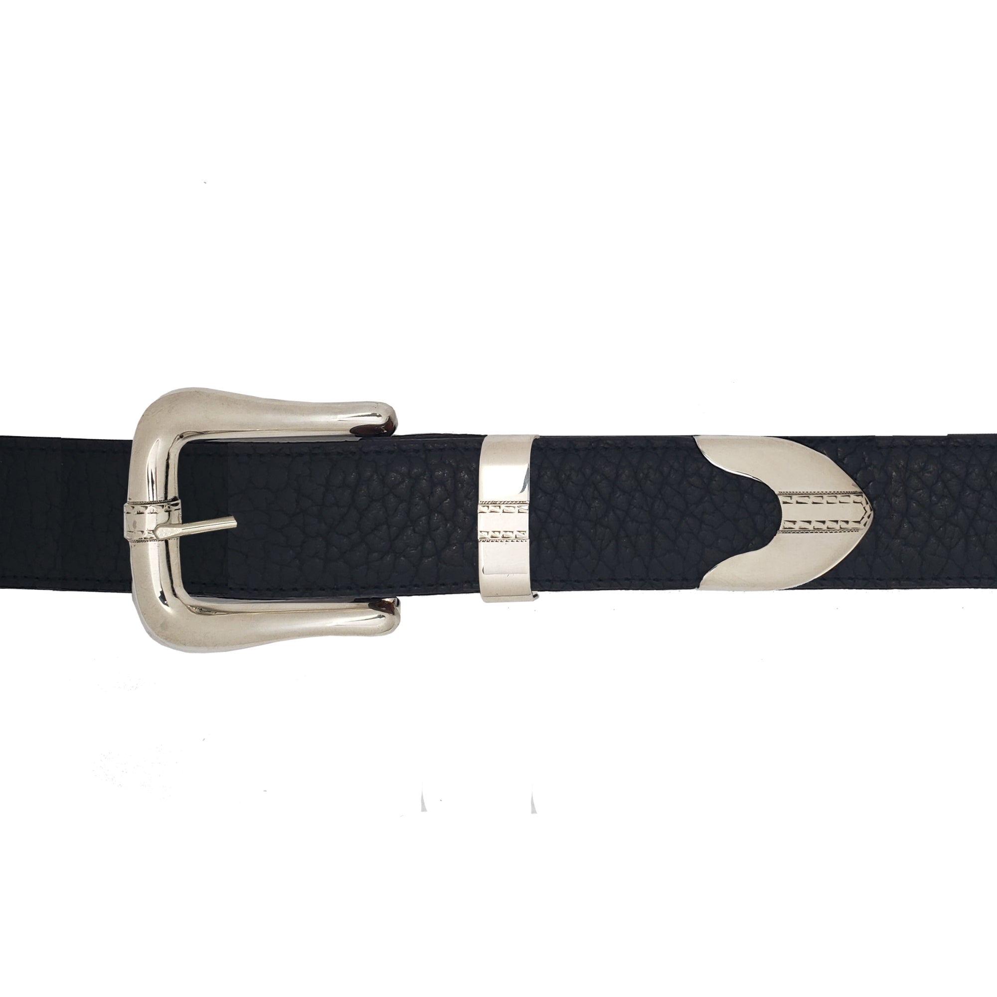 A close-up of a black textured leather belt with a polished silver-tone buckle and matching silver-tone metal accents on a white background.