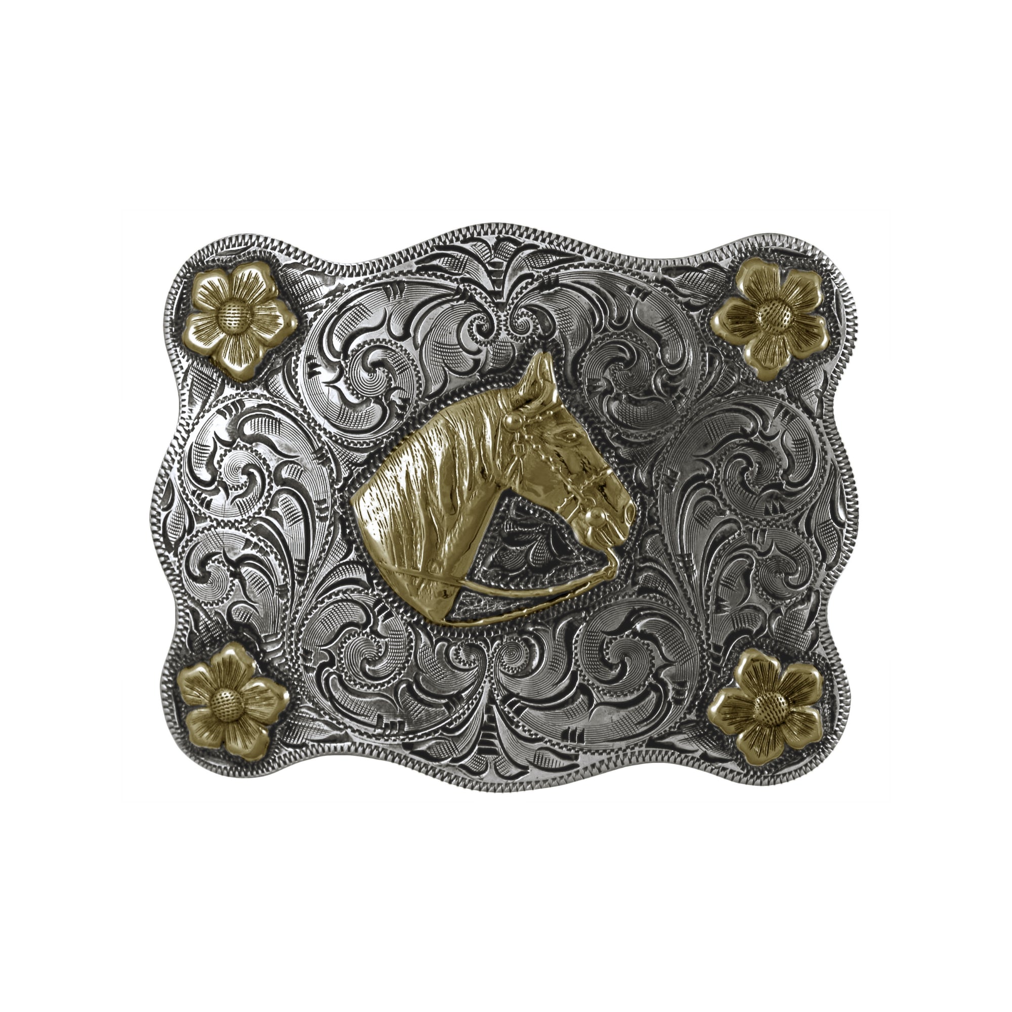 Decorative belt buckle with horse head and floral designs on a white background