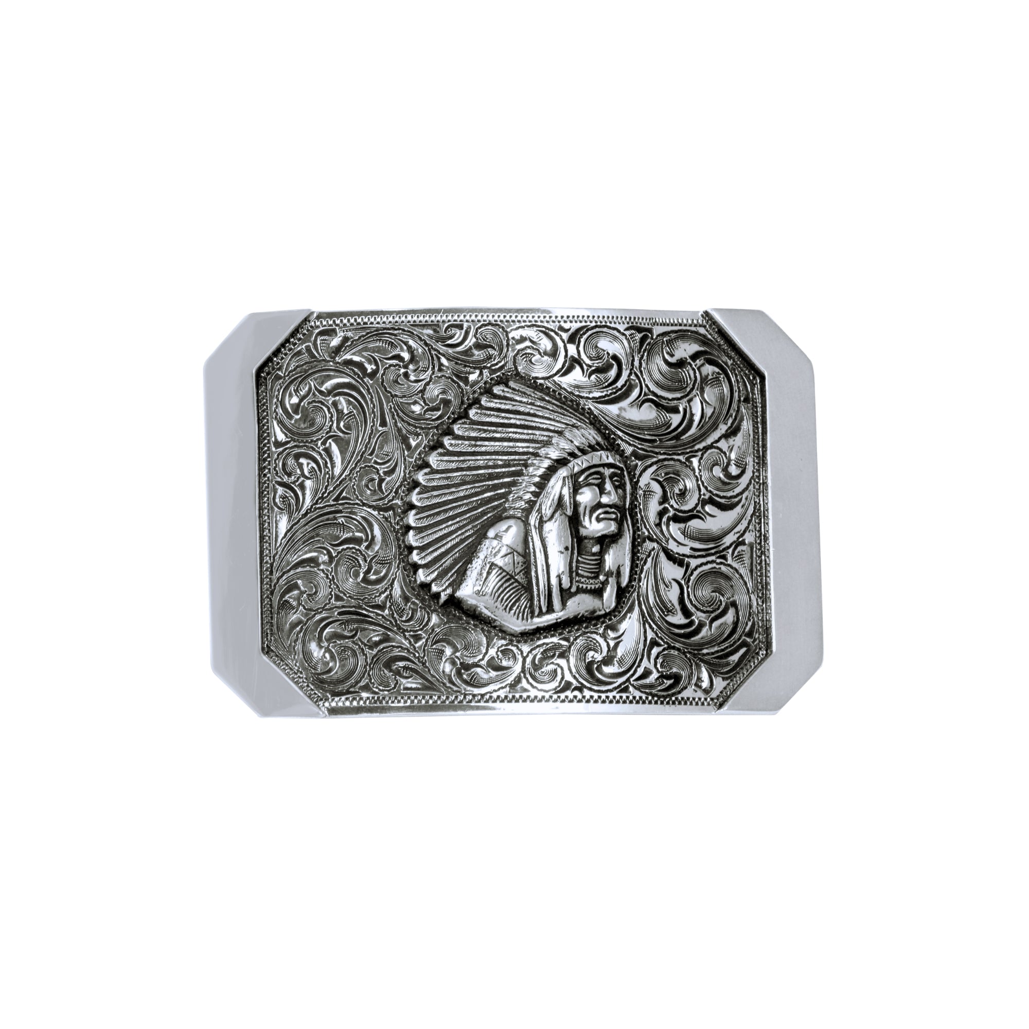 A rectangular silver belt buckle featuring an embossed profile of a Native American figure wearing a feathered headdress, surrounded by detailed scrollwork engraving, shown on a plain white background.