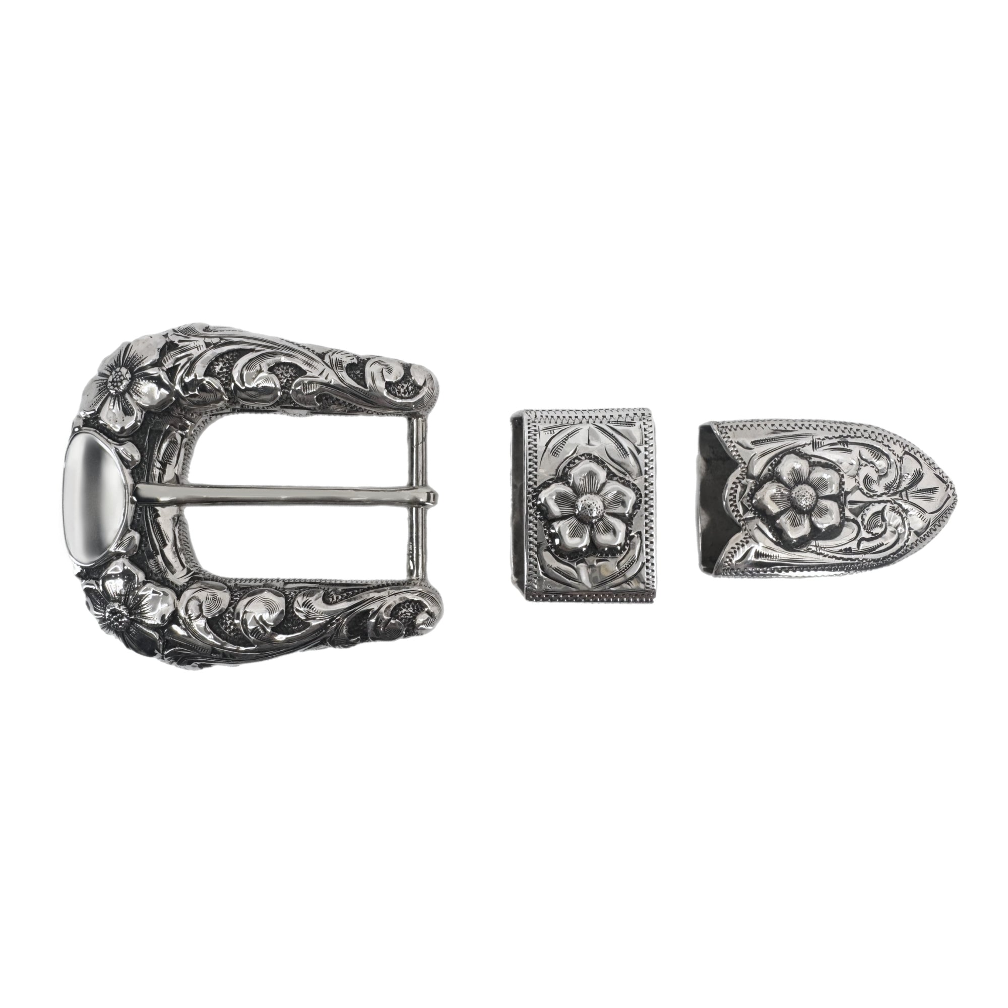 overlaid scrolls and flowers on 3 piece sterling silver ranger set.