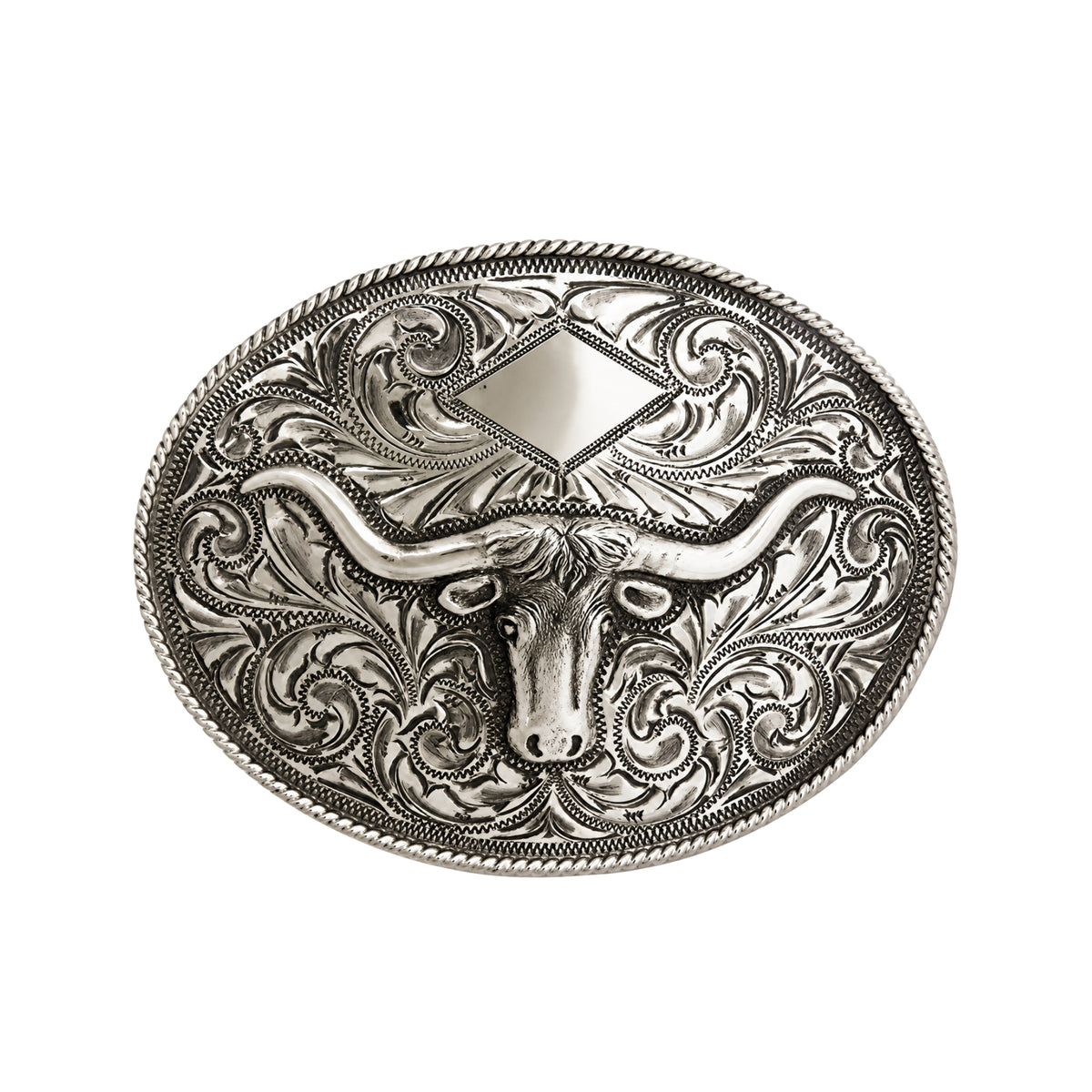An oval silver-toned metal belt buckle featuring an engraved longhorn bull head surrounded by ornate scrollwork and a rope-style border, shown on a plain white background.