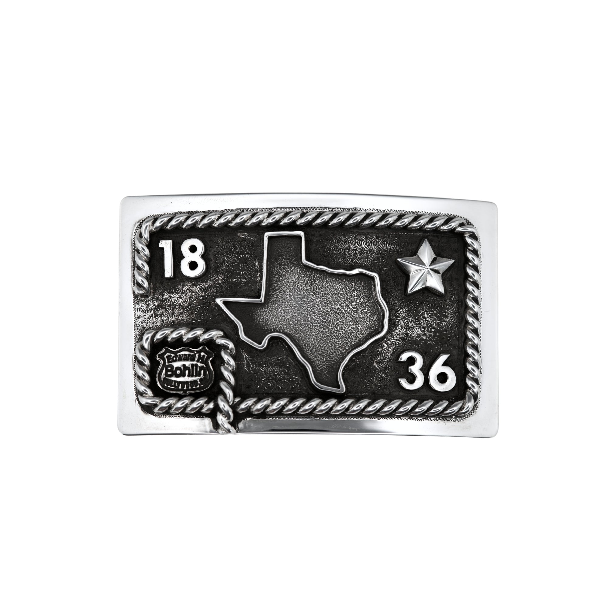 Red River rectangular Brand buckle with the state of texas a star and 1836 within a hand twisted rope edge.