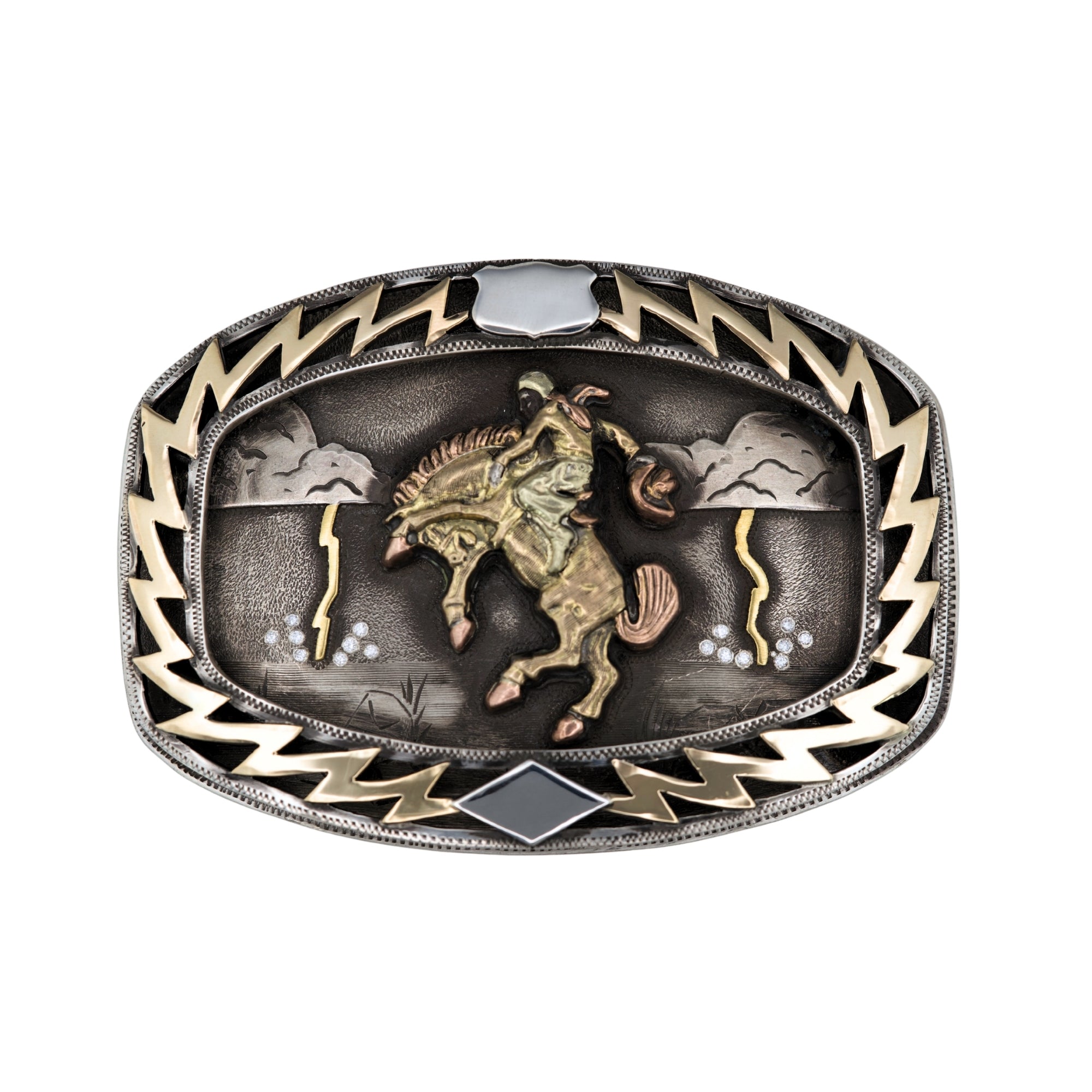 3D Lightning edge filigree over an overall buckle with a 3 color gold bucking horse rider and two lightning bolts. diamonds set where the lightning strikes.