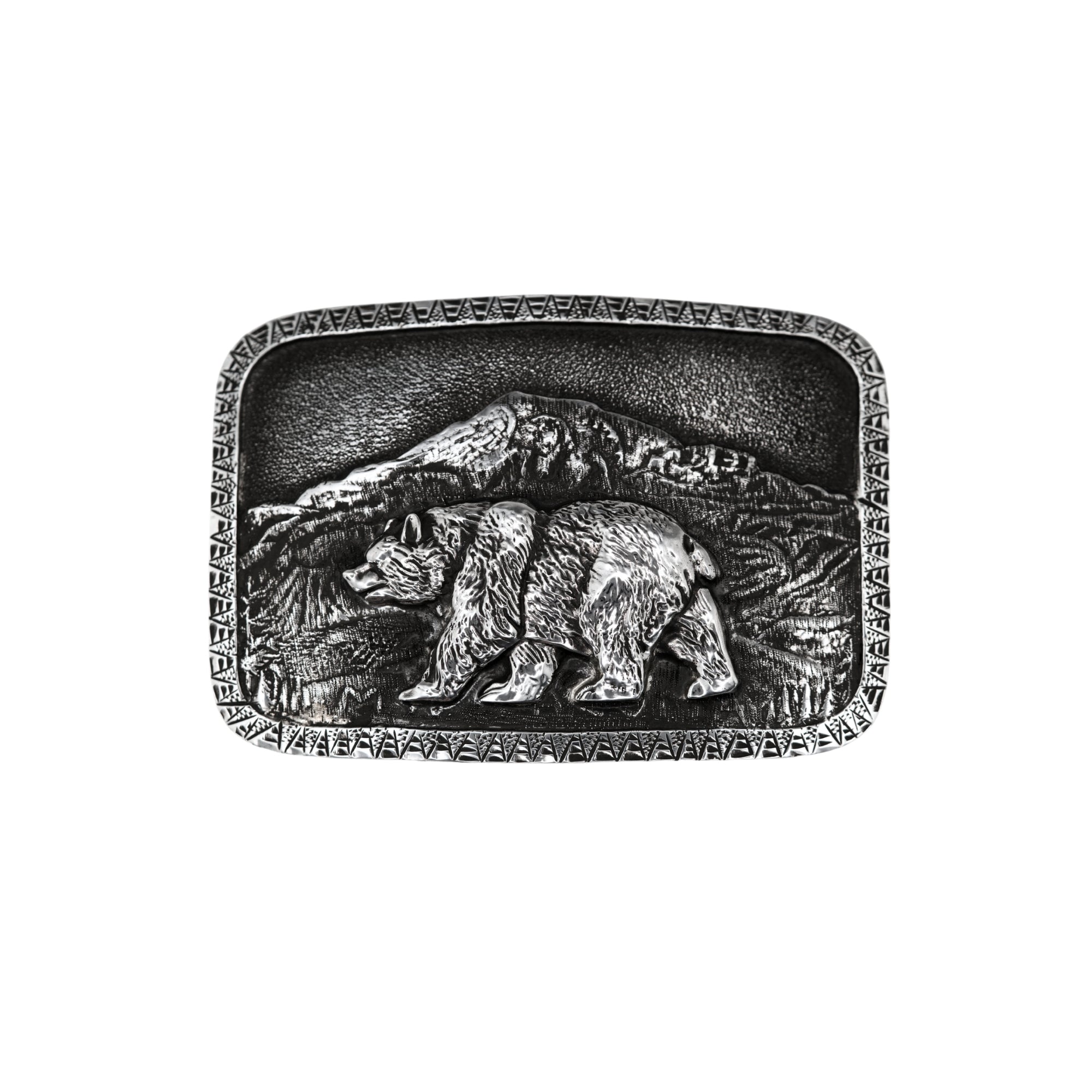 Rectangular buckle with overlaid silver border, mountain and bear.