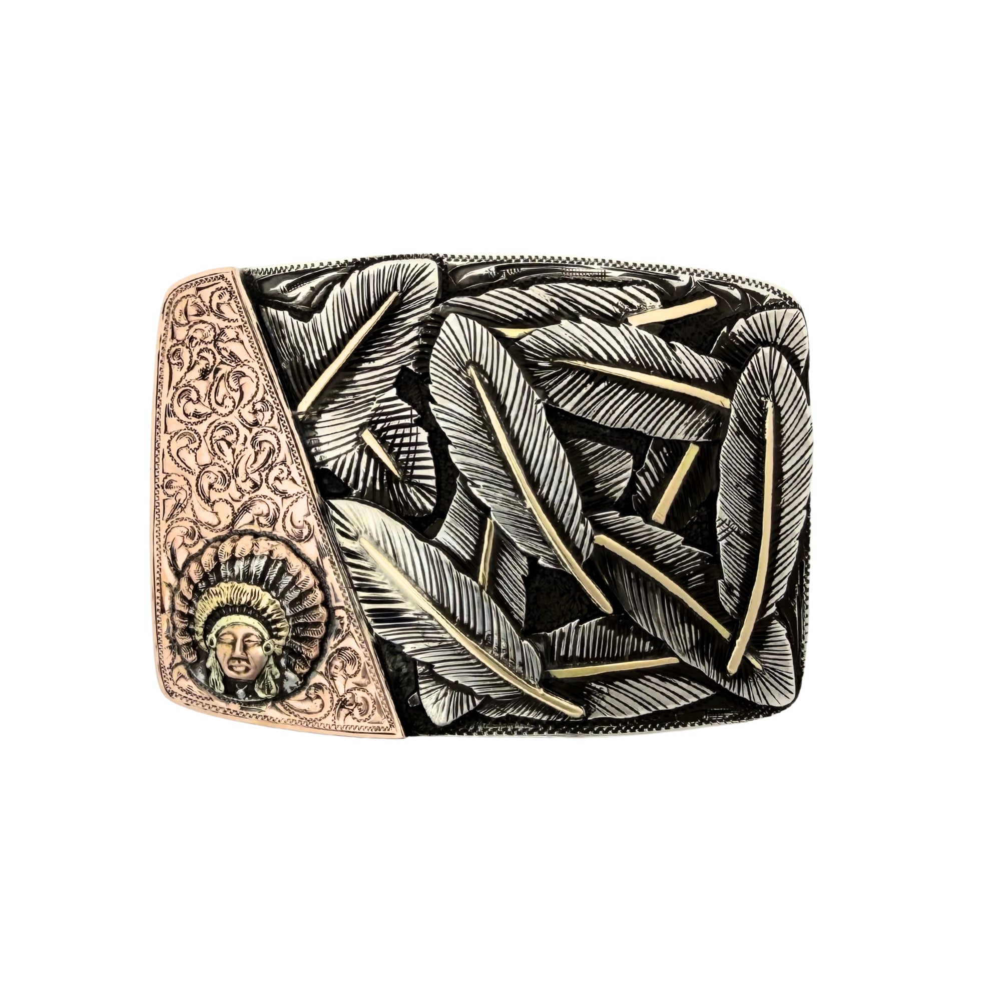 An asymmetrical design featuring a hand-engraved 14k rose gold corner with the historic Chief Red Wolf image and a bed of layered sterling silver feathers accented by 14k yellow gold feather spines.