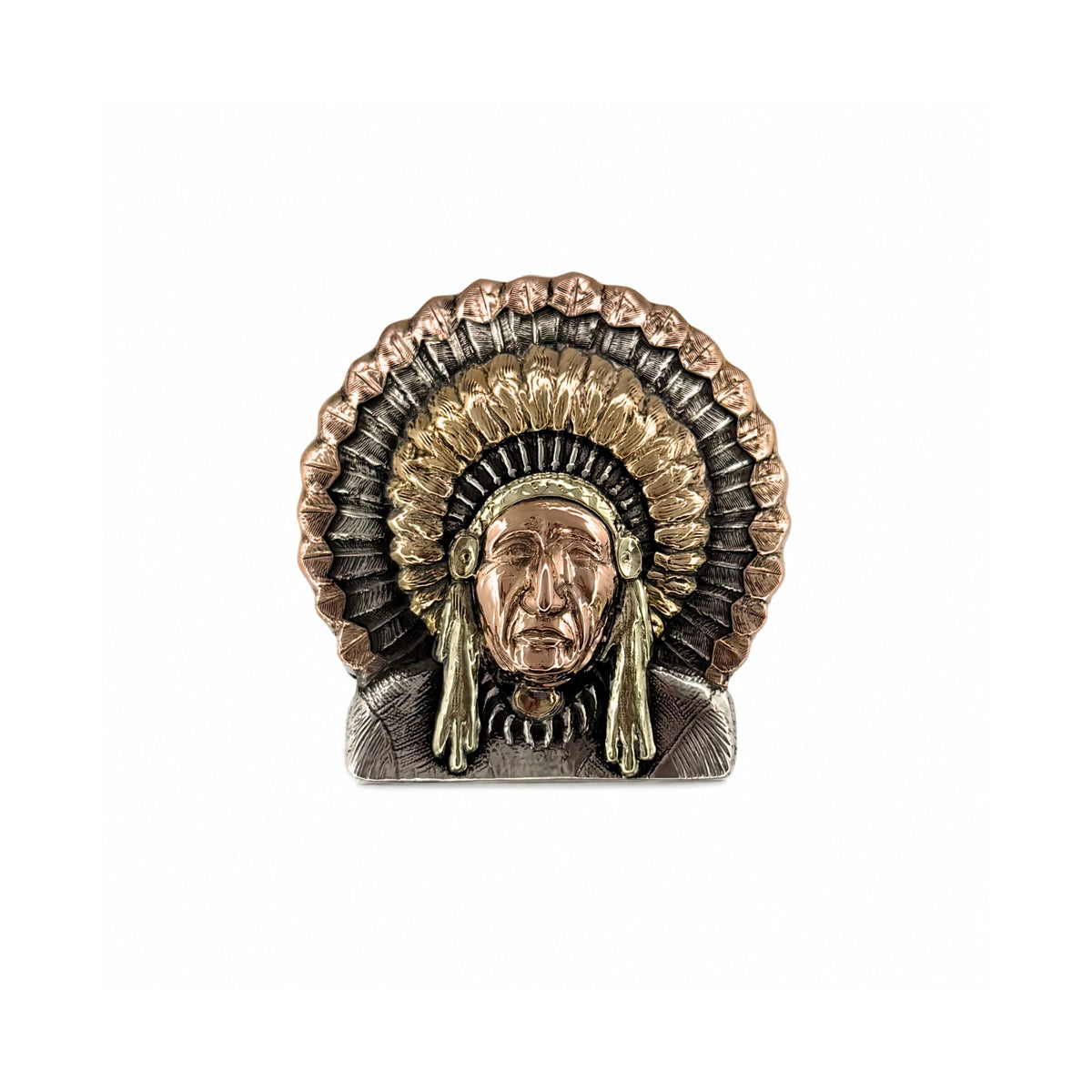 Bohlin The Chief three-color gold trophy belt buckle featuring a raised Chief Red Wolf portrait with yellow, rose, and green gold overlays on sterling silver.
