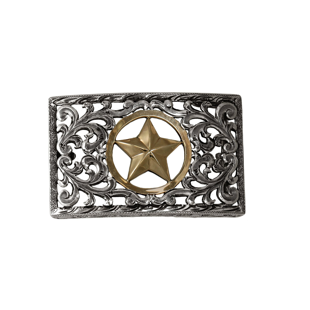 A rectangular silver-toned filigree belt buckle featuring an openwork scroll pattern and a central gold-toned circular medallion with a five-pointed star.