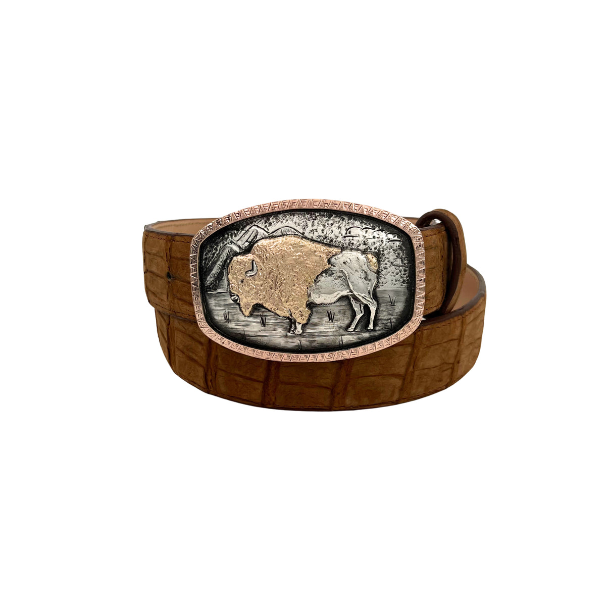 Bohlin 1884+ Buffalo silver and gold belt buckle displayed on a Western leather belt, featuring a raised buffalo and engraved rose gold border.