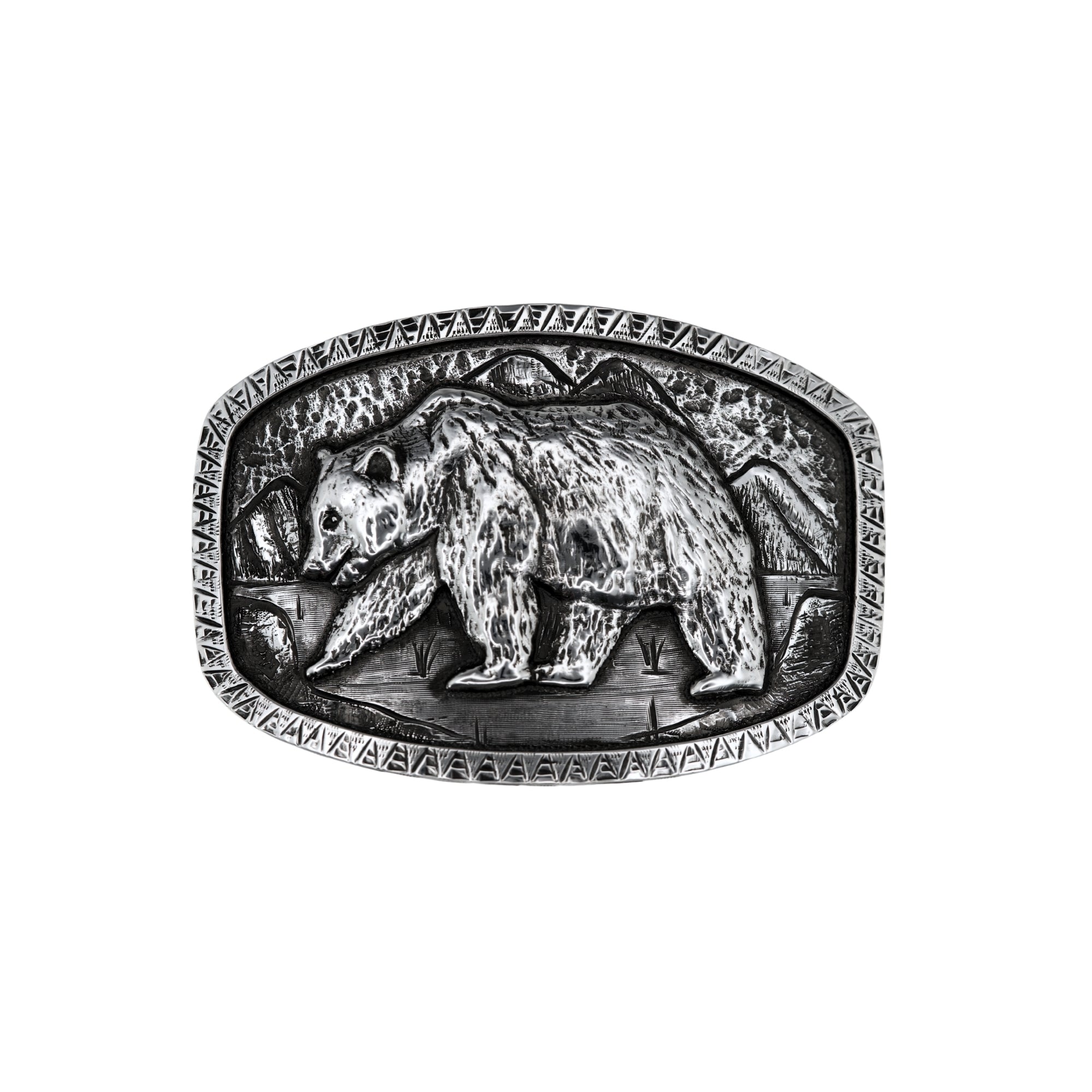 Oval  sterling silver buckle with raised engraved border and bear in the center. 