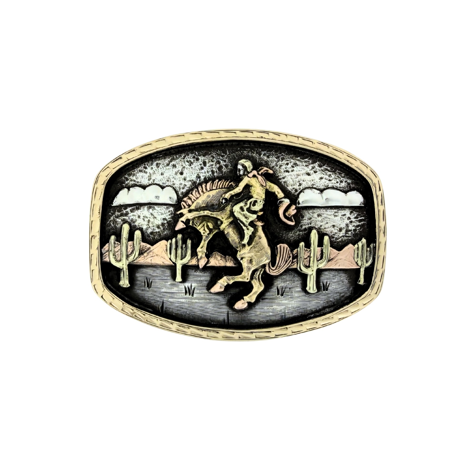 3 color gold bucking horse on oval sterling silver Bohlin belt buckle with 14kt yellow gold engraved border. 