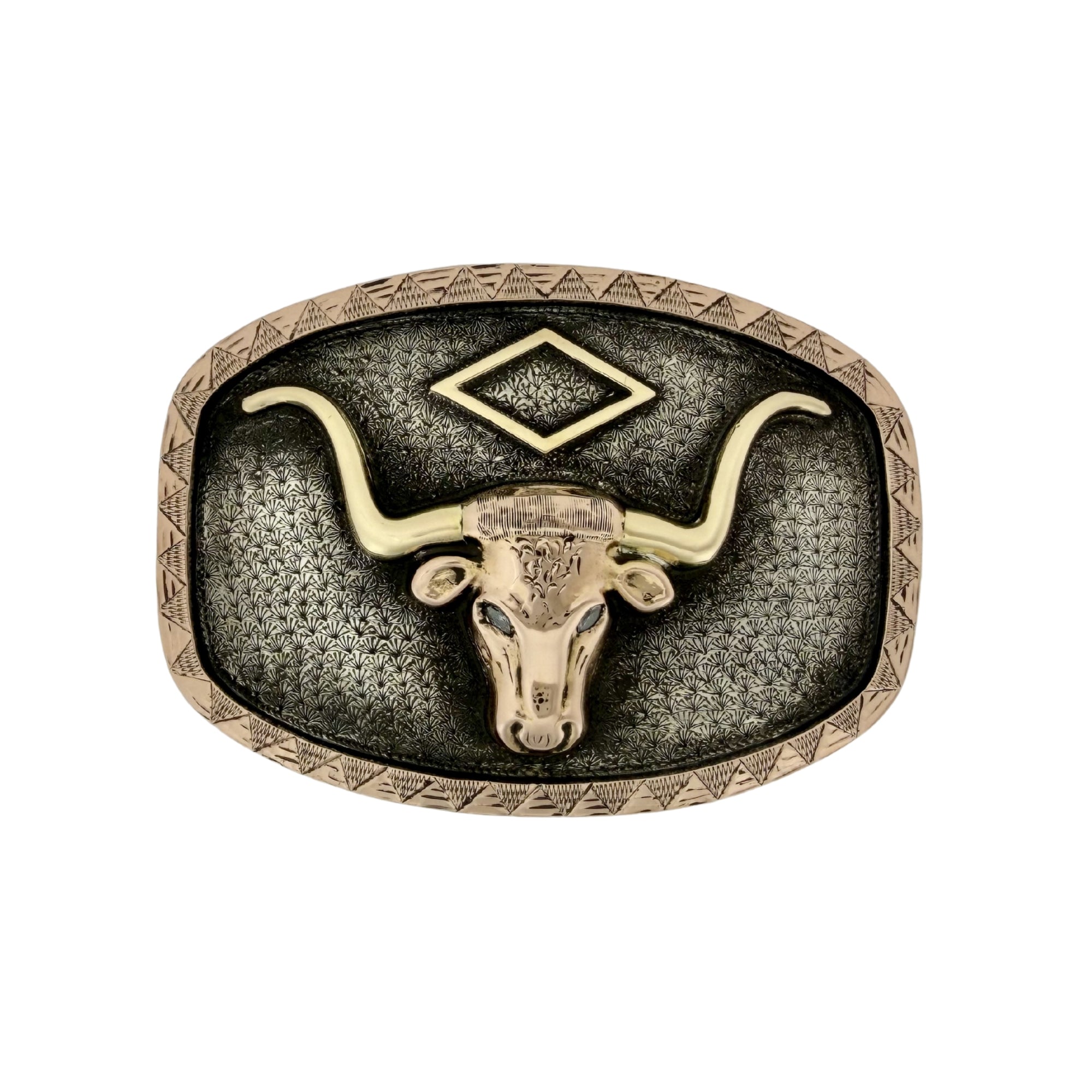 2 color gold longhorn with diamond eyes and a gold filigree diamond shape. chickenfoot engraved background 