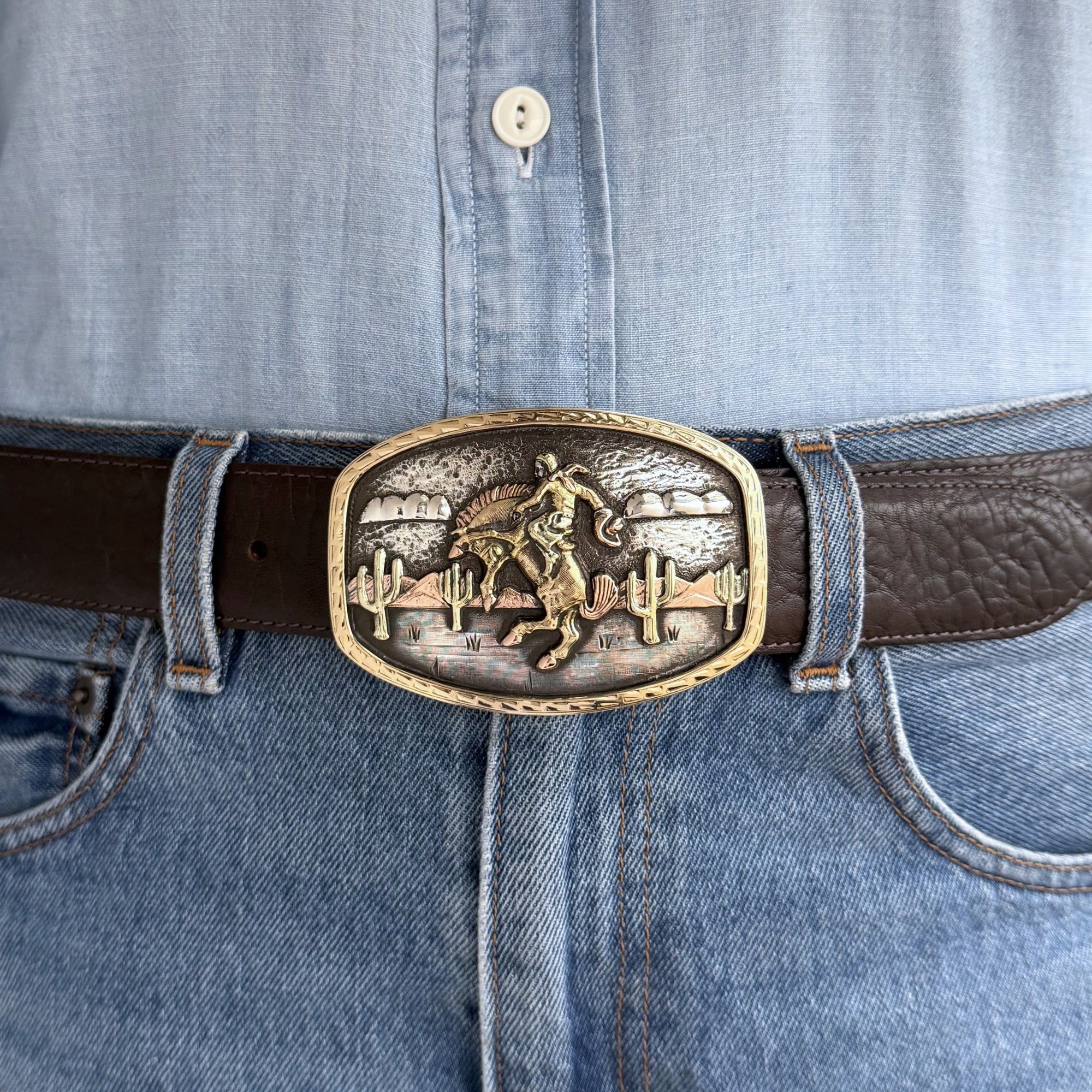 3 color gold Bohlin Belt buckle with bucking horse and Arizona scene