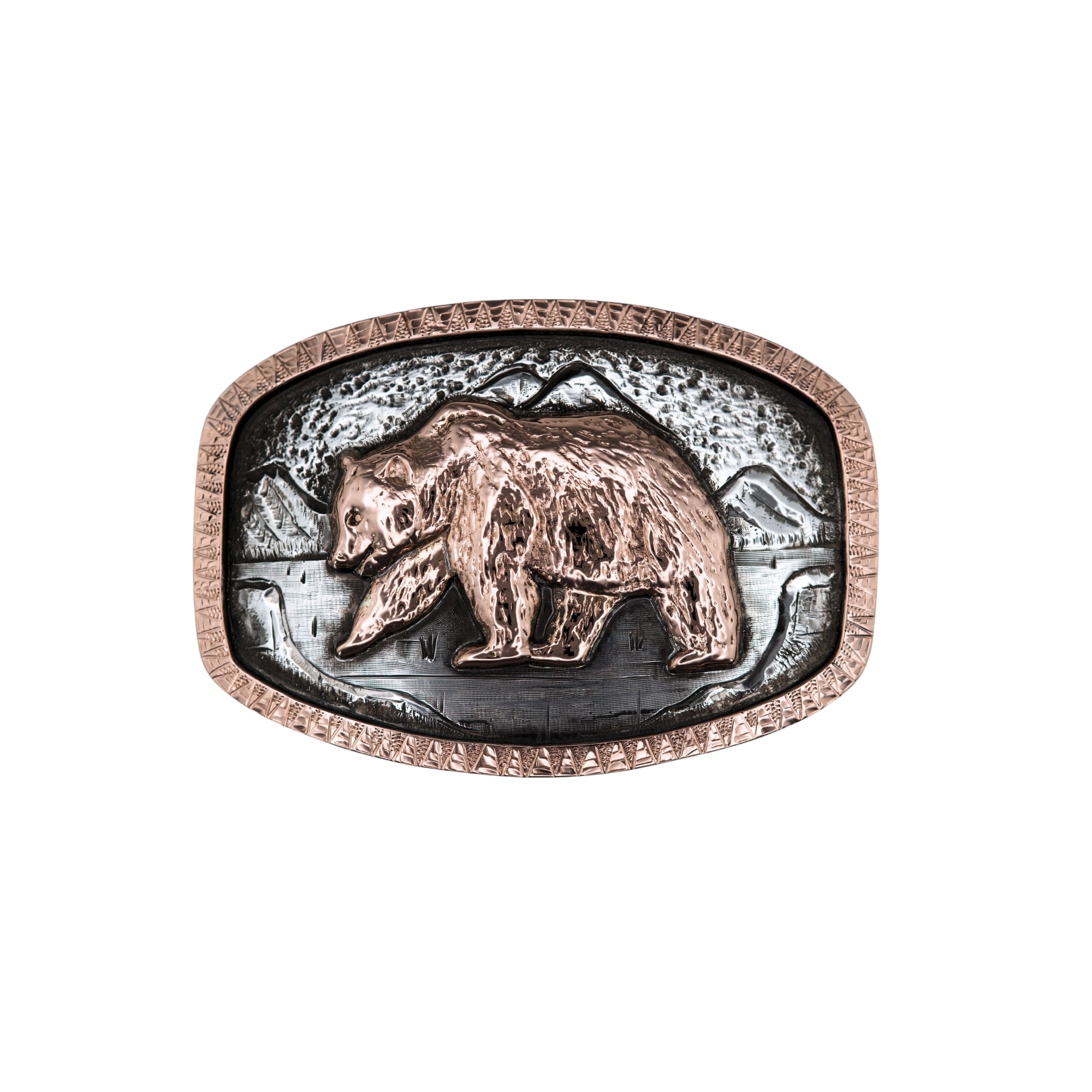 Rose gold bear with engraved rose gold border on sterling silver oval belt buckle 