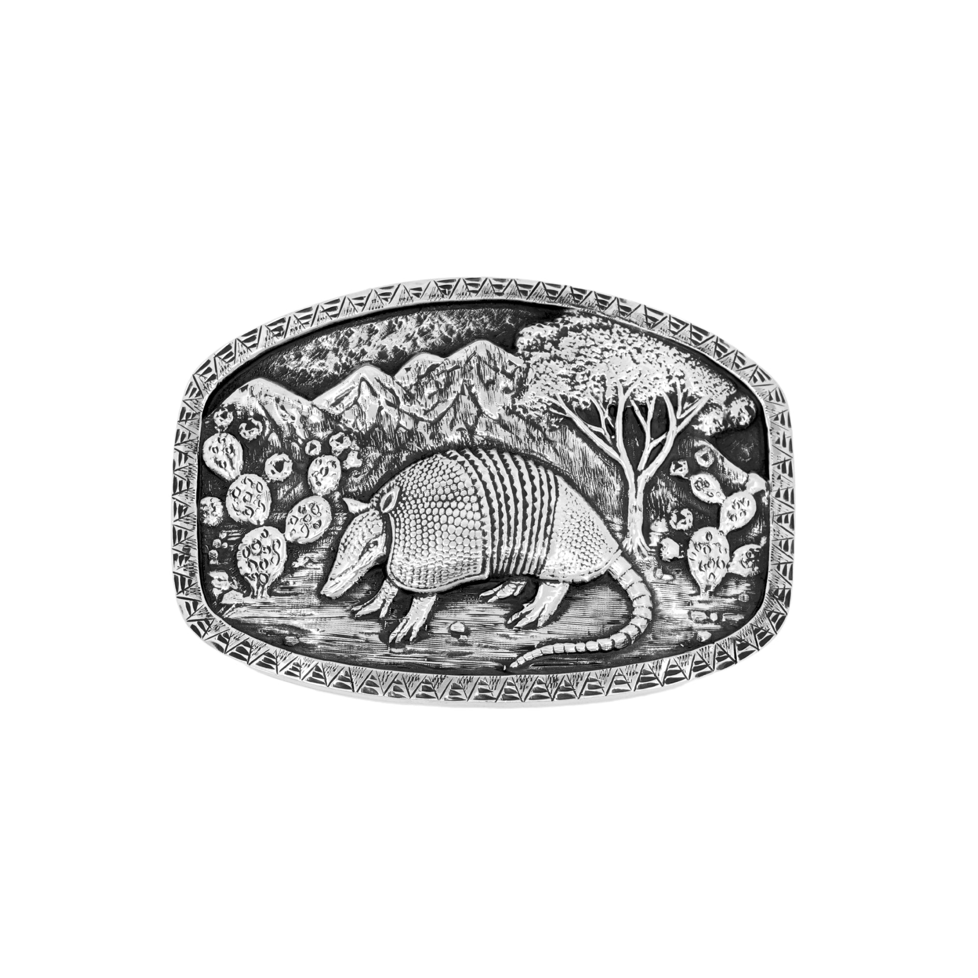 Oval buckle with desert scene featuring an armadillo. the entire buckle is all silver 