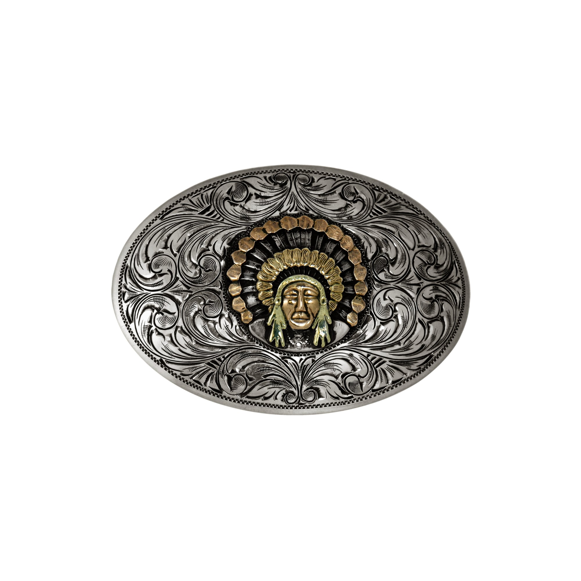 An oval silver-toned metal buckle featuring intricate floral engraving and a central Native American head motif with gold and green accents, shown on a plain white background.